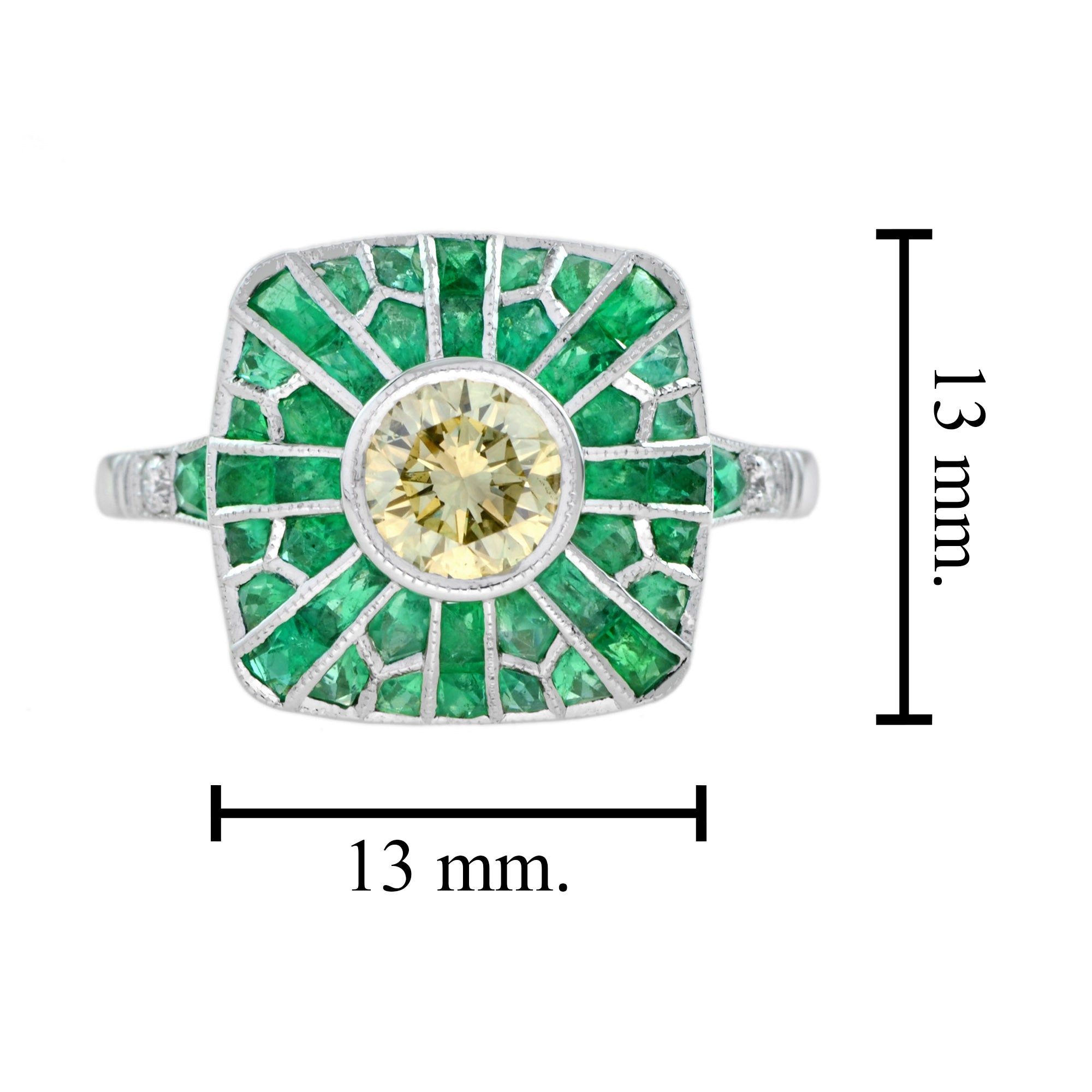 Certified Round Yellow Diamond & Green Emerald Halo Cushion 18K White Gold Ring