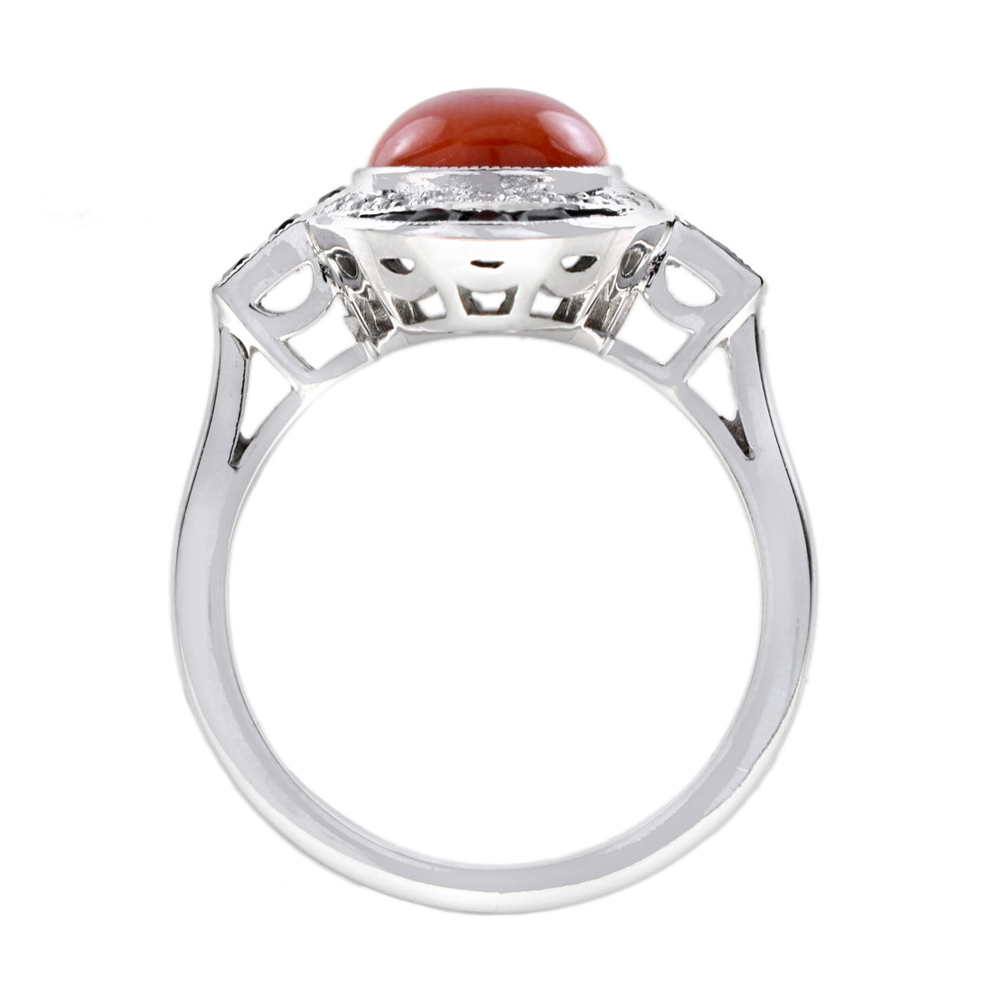 Orange Red Coral & Black Diamond Emerald Onyx Art Deco Style 14K White Gold Ring