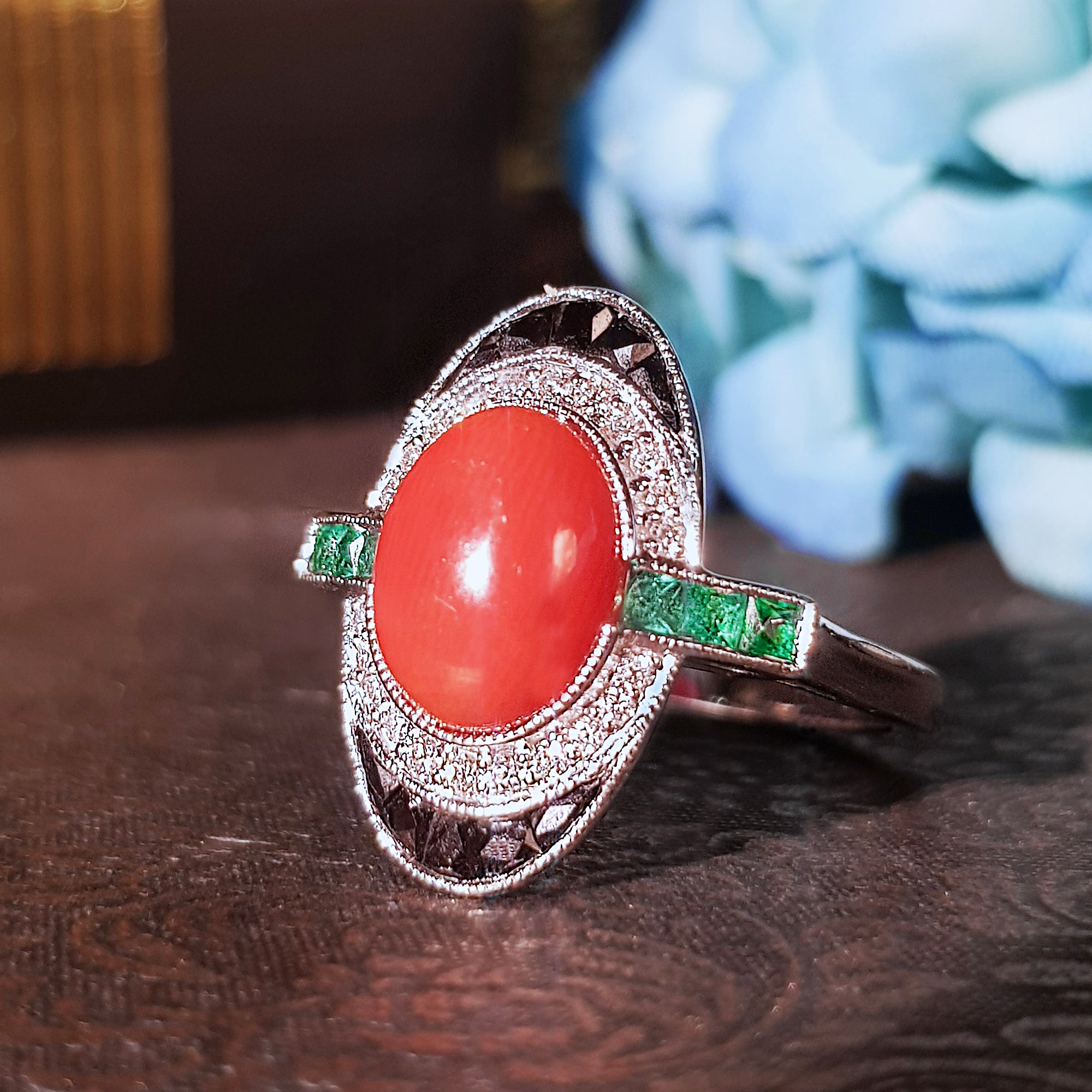 Orange Red Coral & Black Diamond Emerald Onyx Art Deco Style 14K White Gold Ring