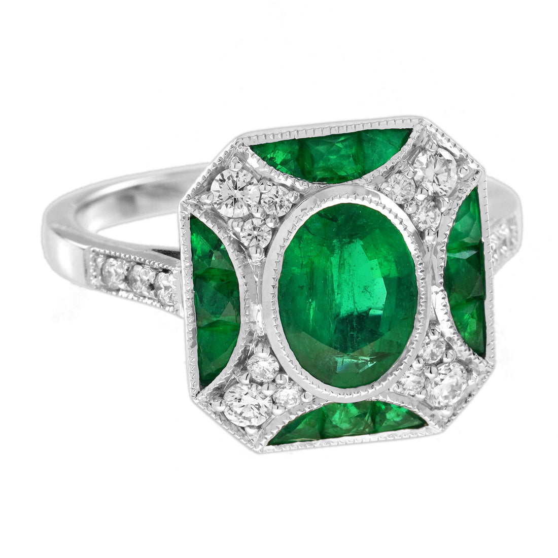 Oval Shape Green Emerald & Diamond Vintage Art Deco Style White Gold Ring