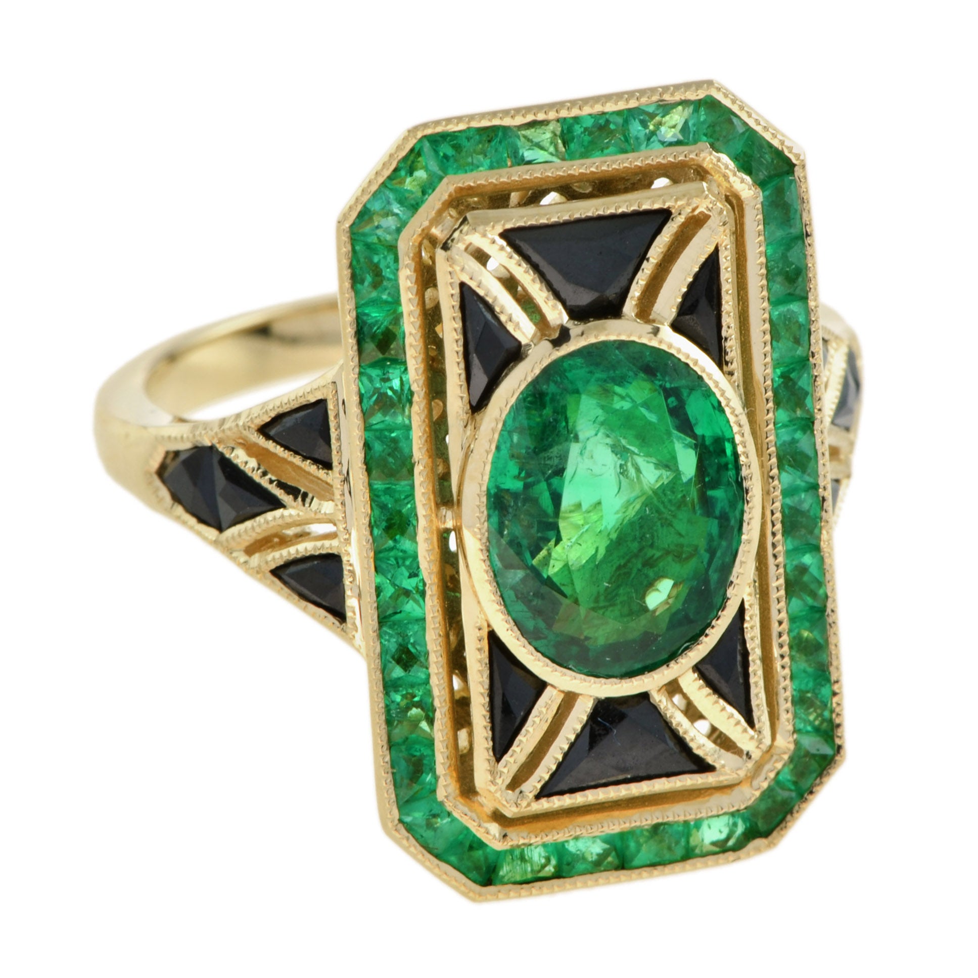 Oval Shape Green Emerald & Black Onyx Art Deco Style 14K Yellow Gold Ring