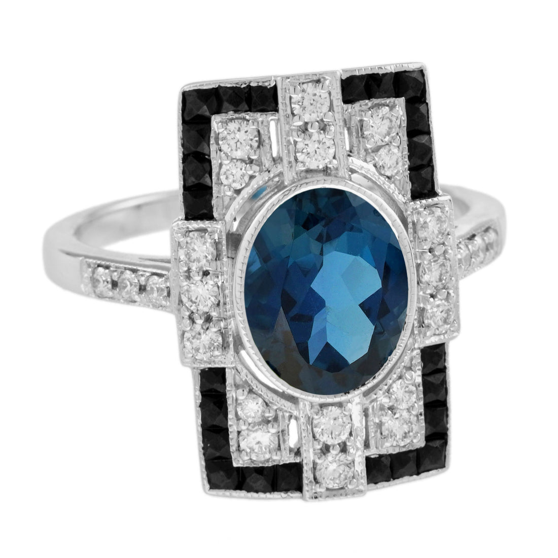 London Blue Topaz & Diamond and Black Onyx Art Deco Style 14K White Gold Ring