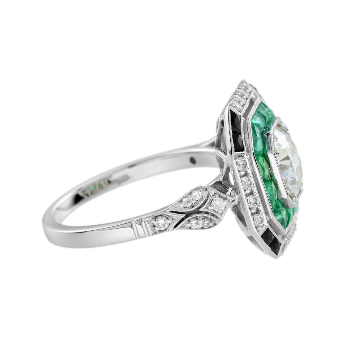 Old Cut GIA Diamond Green Emerald Onyx Octagonal Engagement 18K White Gold Ring