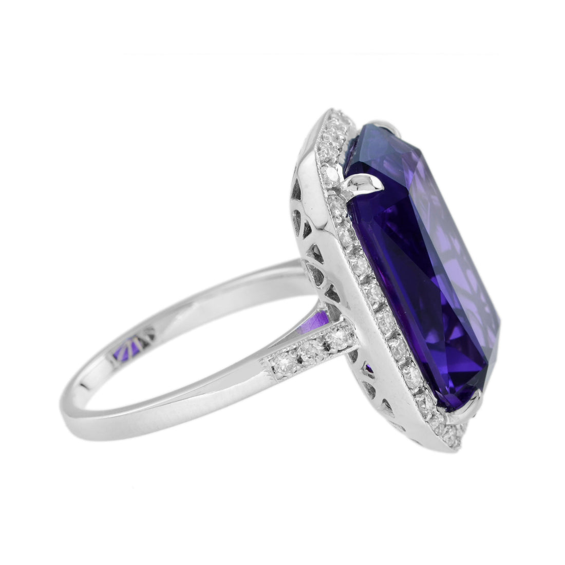 Octagon Emerald Cut Certified Purple Amethyst & Diamond Halo Art Deco Style Ring