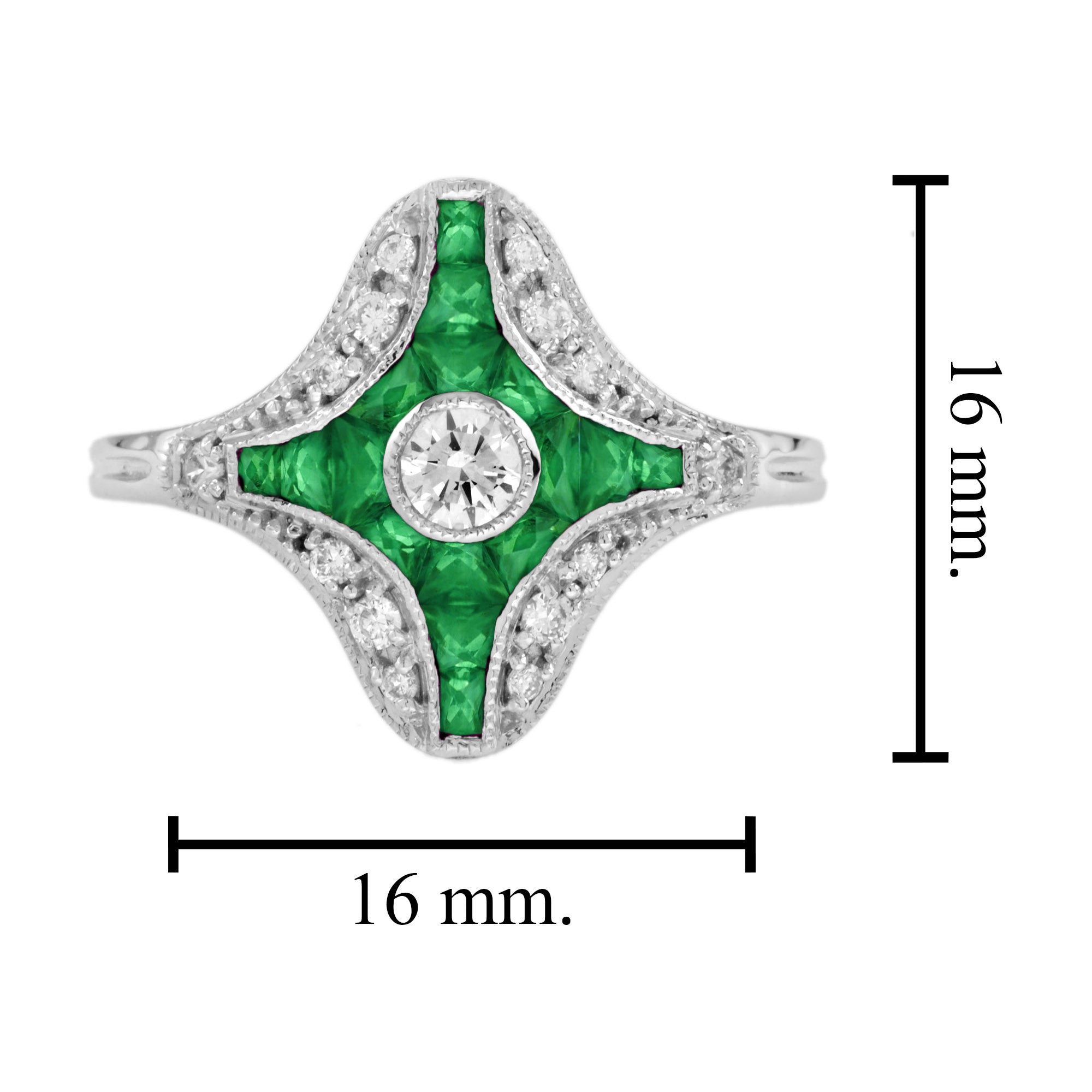 Diamond & Green Emerald Fancy Cut Art Deco Style Unique White Gold Ring