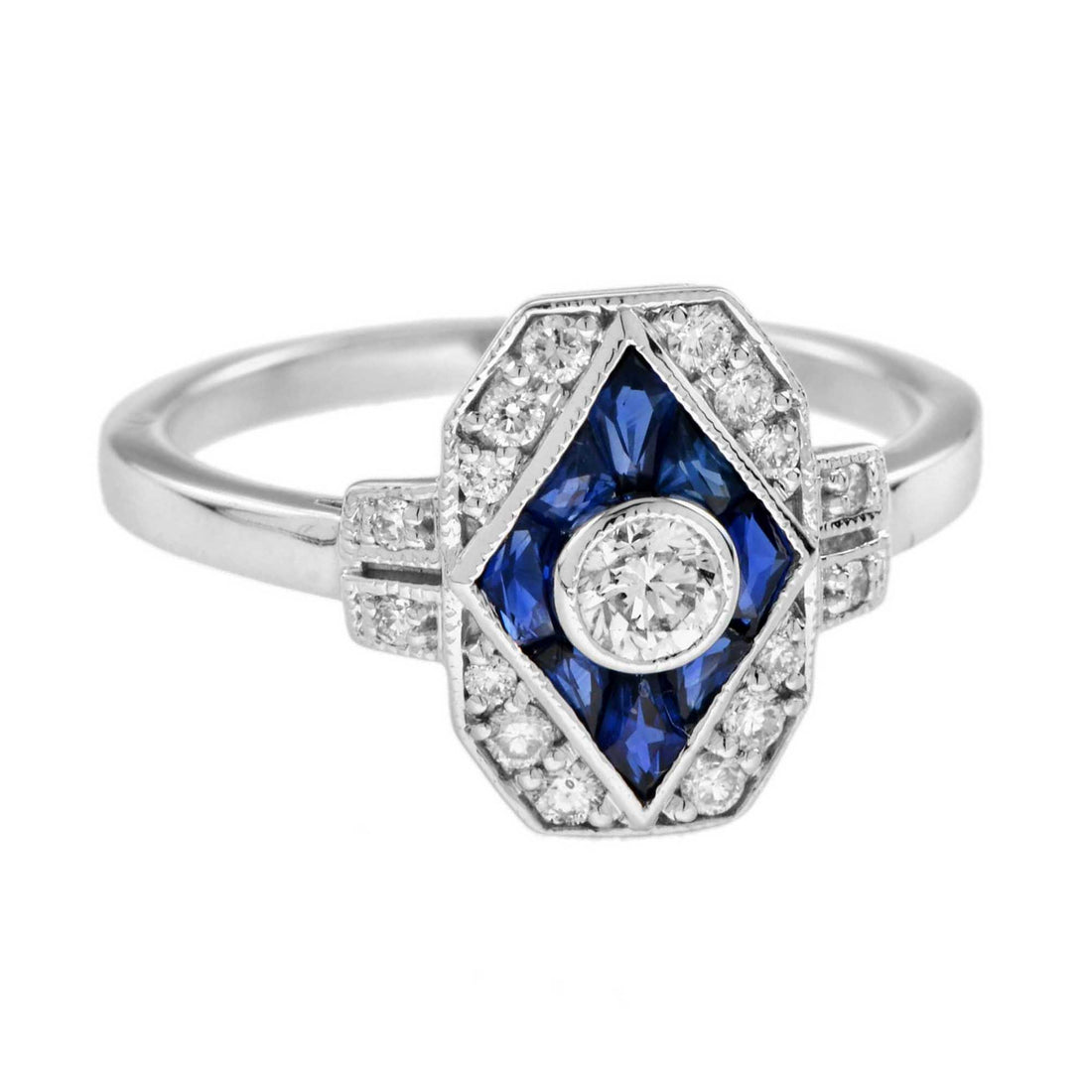 Diamond & Blue Sapphire Art Deco Inspired Style Engagement 14K White Gold Ring
