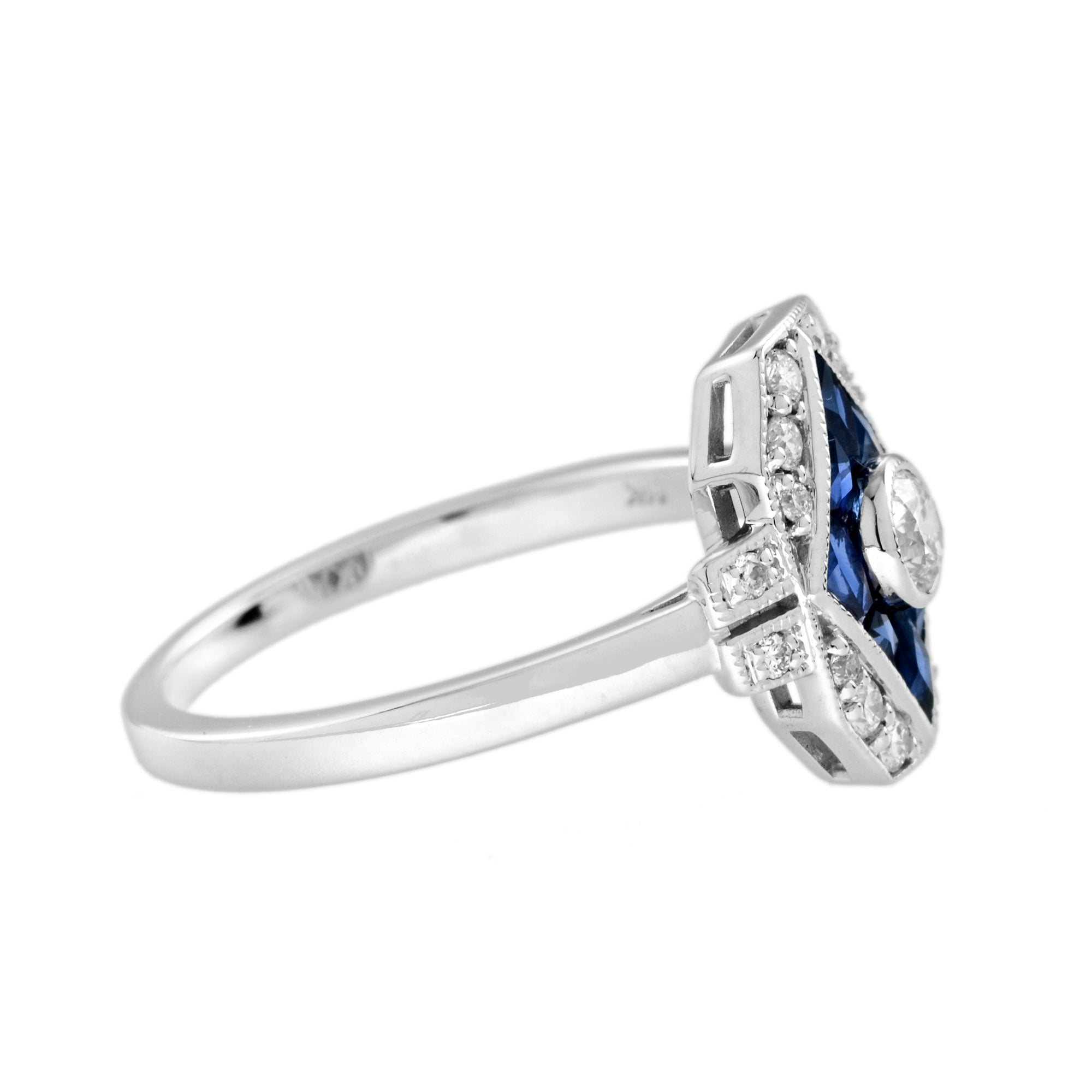 Diamond & Blue Sapphire Art Deco Inspired Style Engagement 14K White Gold Ring