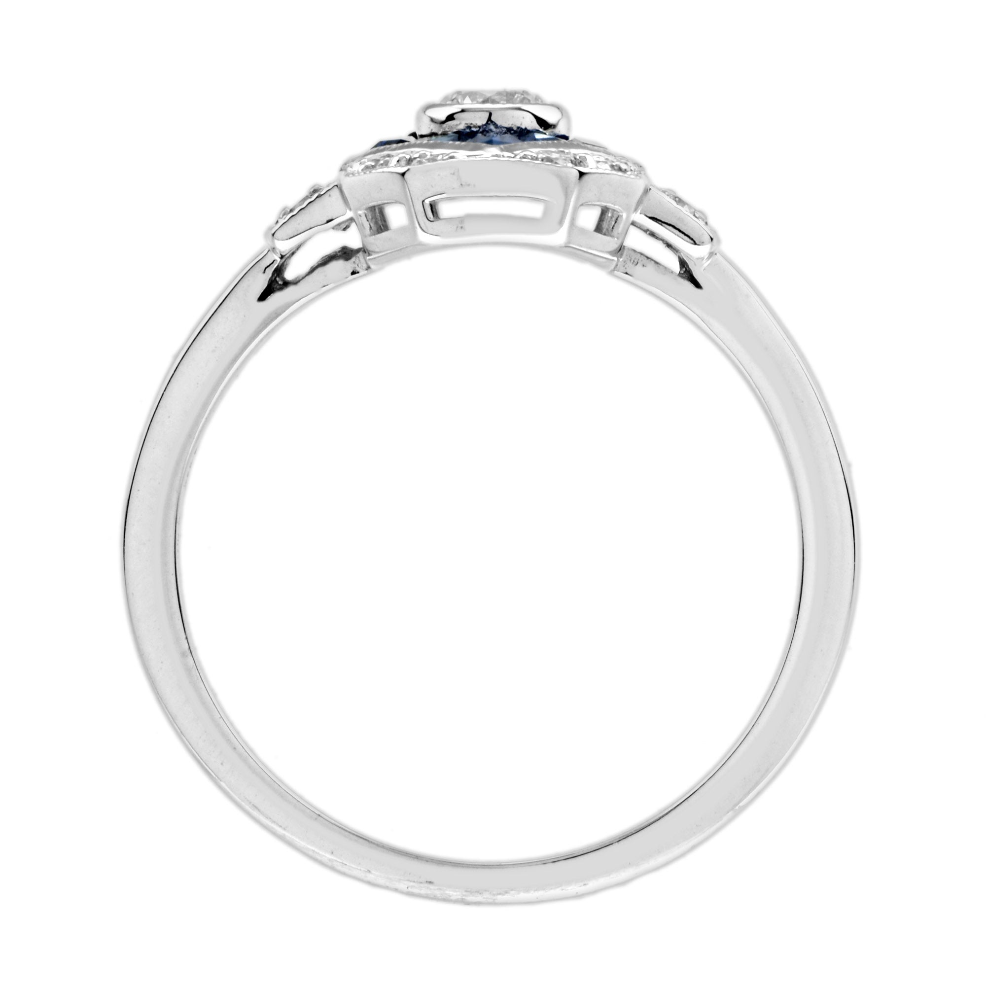 Diamond & Blue Sapphire Art Deco Inspired Style Engagement 14K White Gold Ring