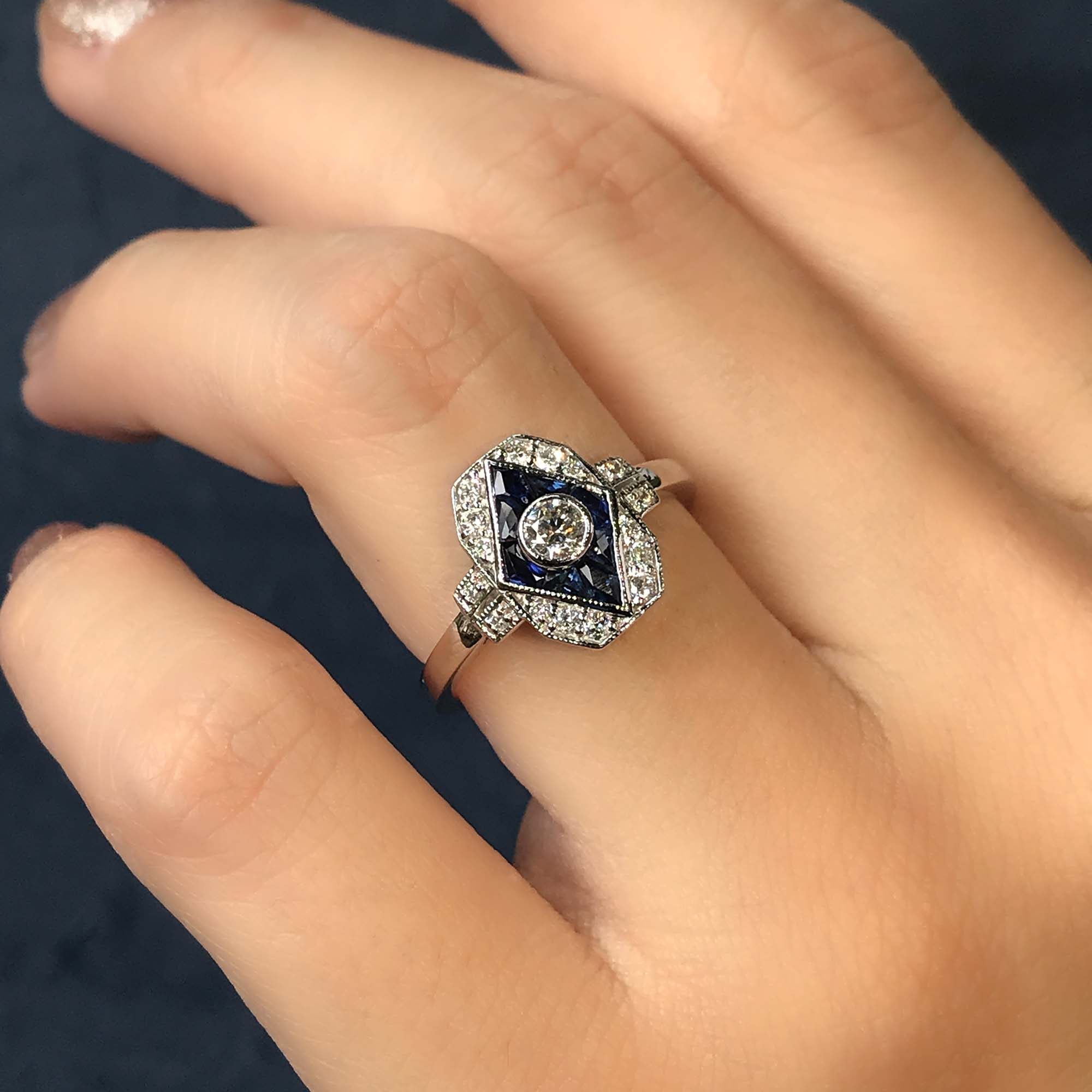 Diamond & Blue Sapphire Art Deco Inspired Style Engagement 14K White Gold Ring
