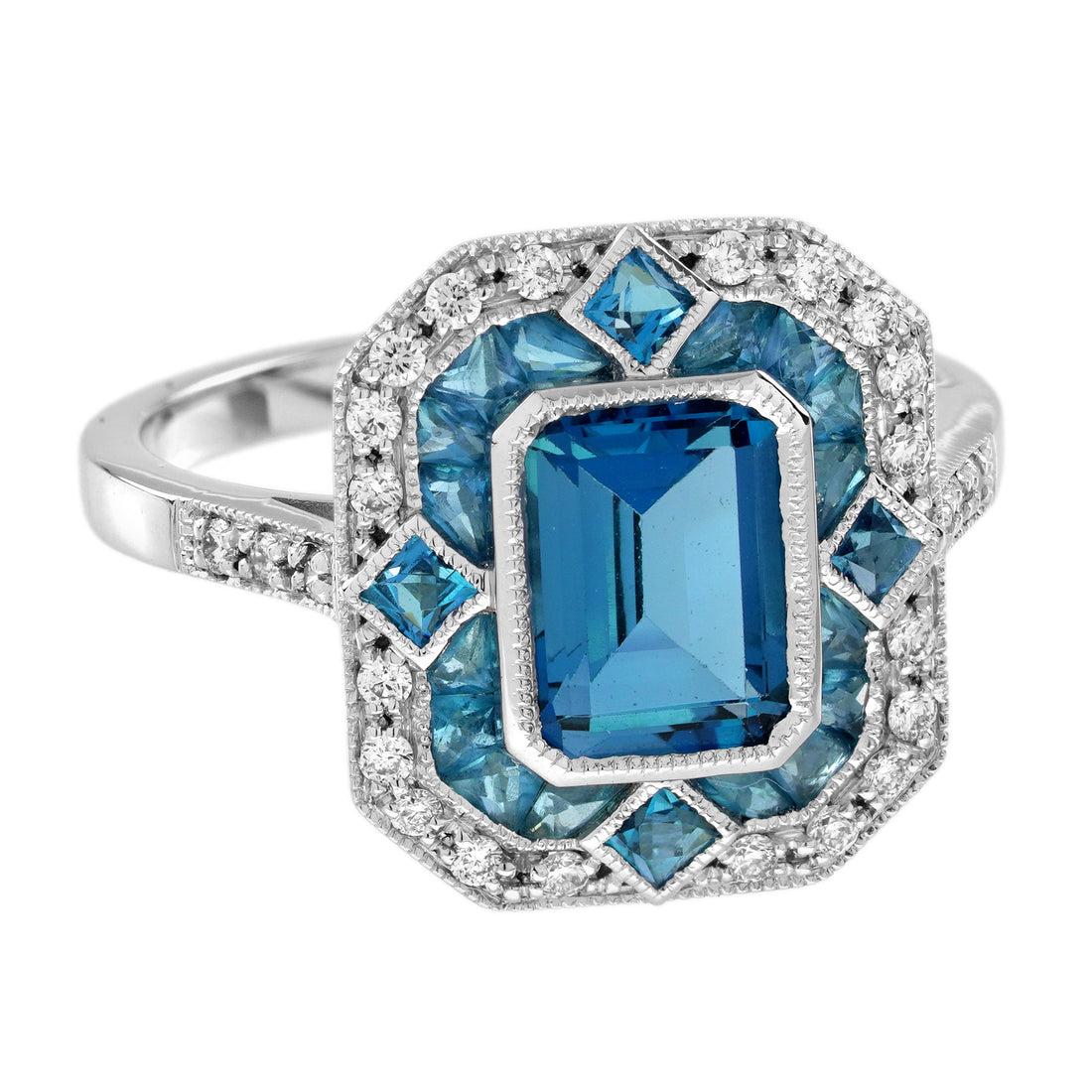 London Blue Topaz & Diamond Halo Vintage Inspired Art Deco Style White Gold Ring