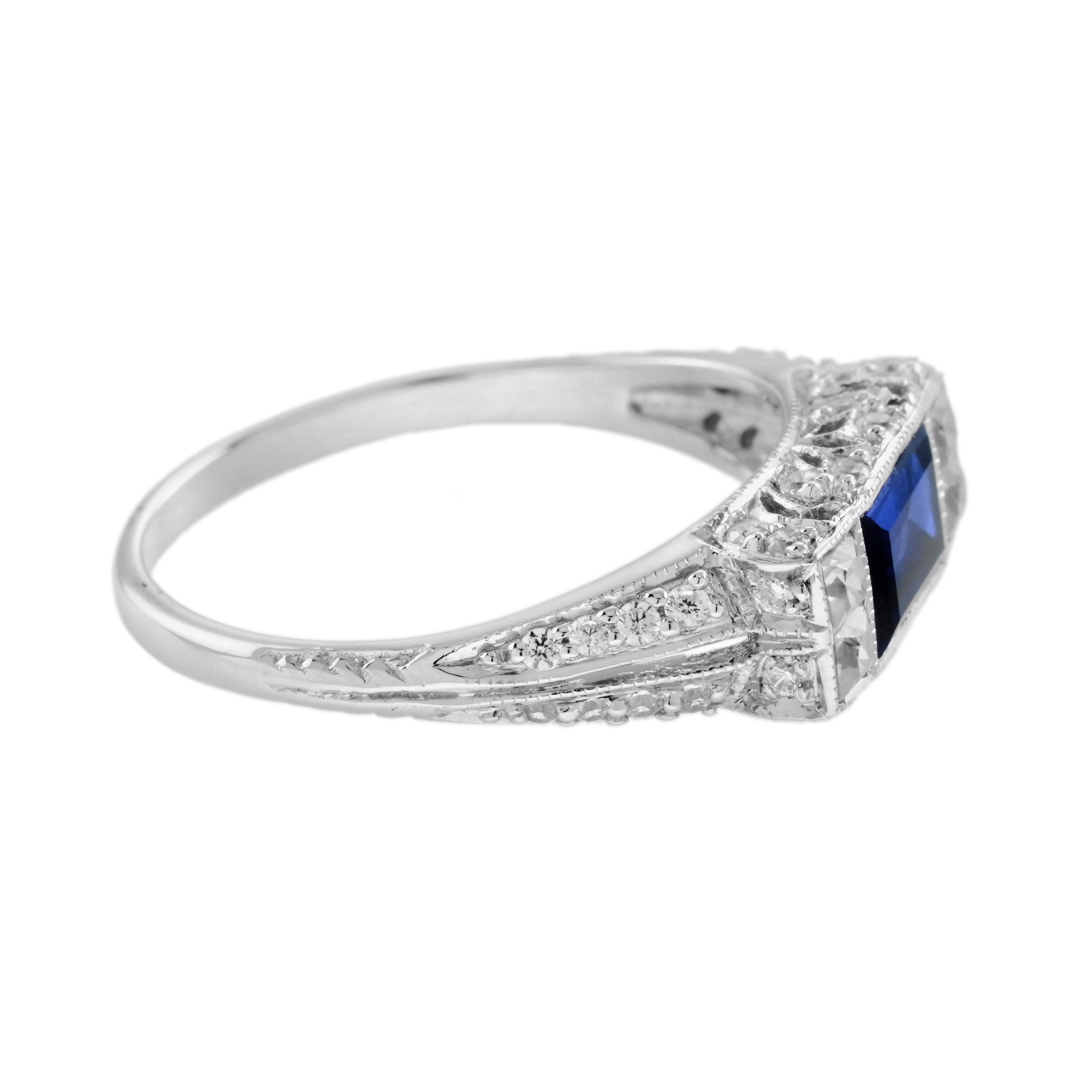 Baguette Blue Sapphire & Diamond Art Deco Style Solitaire 14K White Gold Ring
