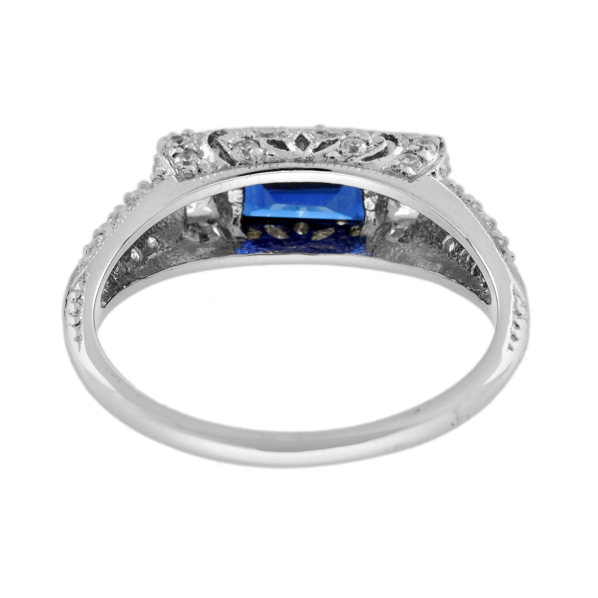 Baguette Blue Sapphire & Diamond Art Deco Style Solitaire 14K White Gold Ring