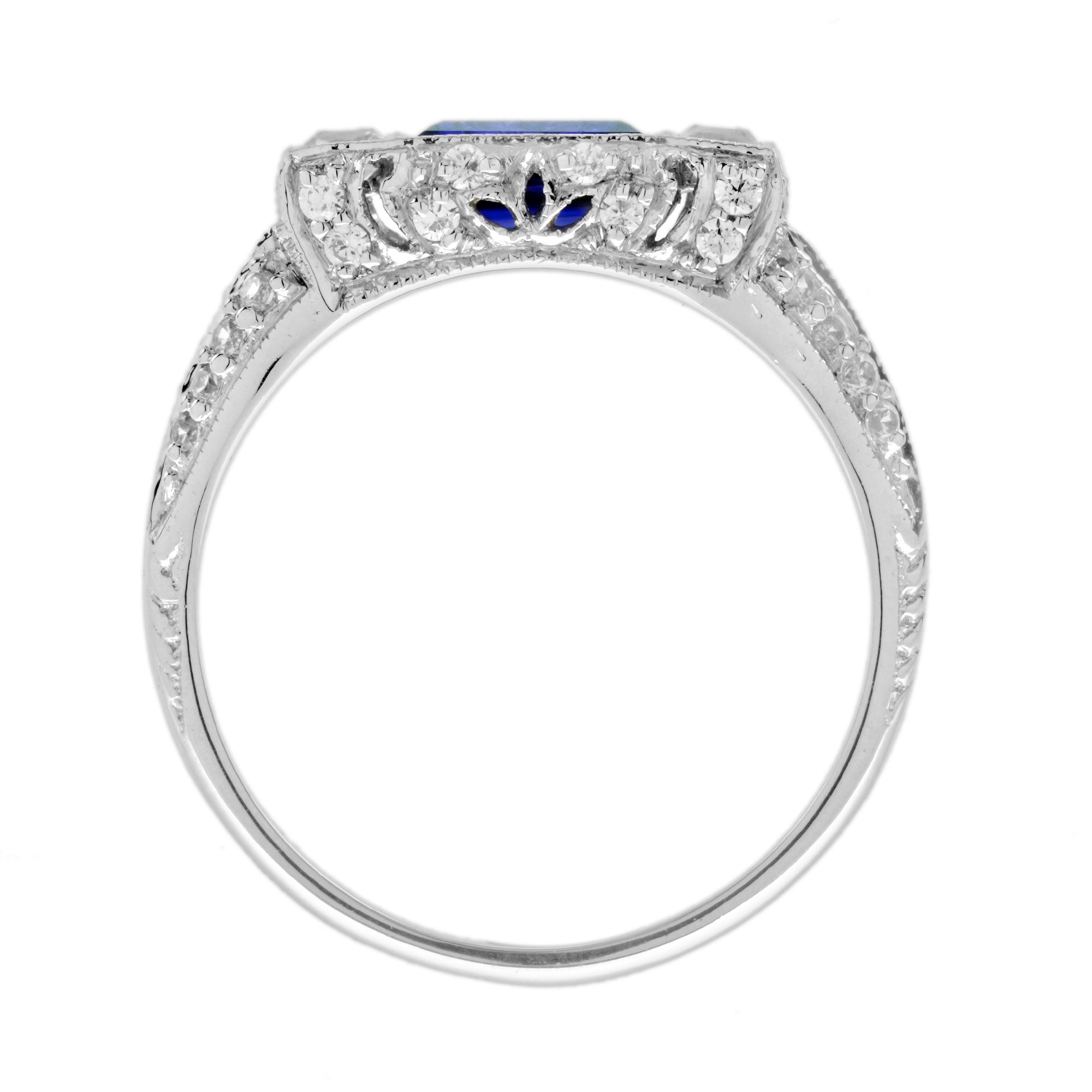 Baguette Blue Sapphire & Diamond Art Deco Style Solitaire 14K White Gold Ring