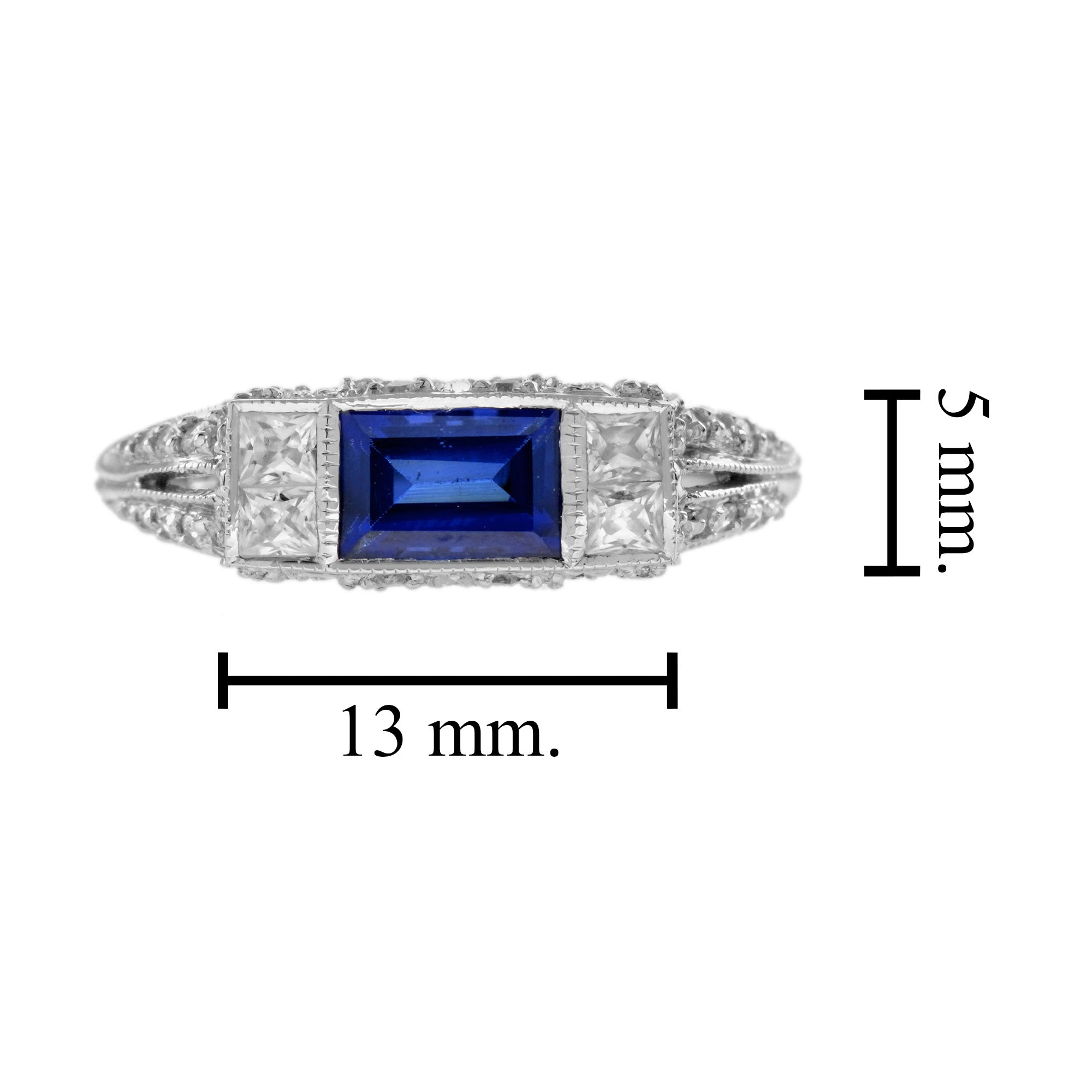 Baguette Blue Sapphire & Diamond Art Deco Style Solitaire 14K White Gold Ring