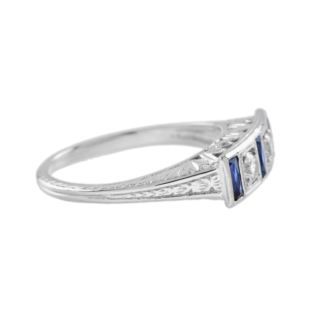 Diamond & Blue Sapphire Antique Style 14K White Gold Ring