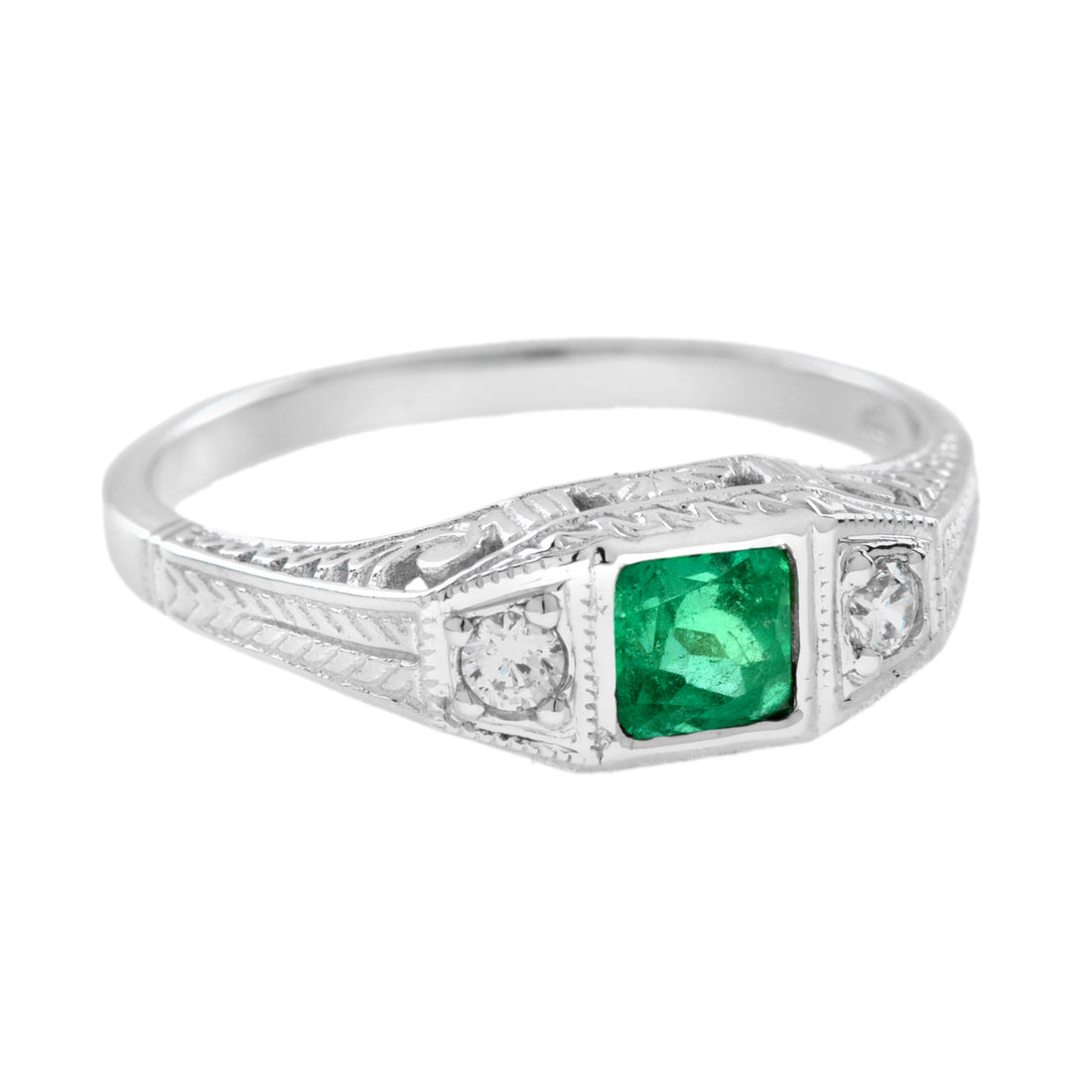 Square Emerald & Diamond Antique Style Three Stone 14K White Gold Ring