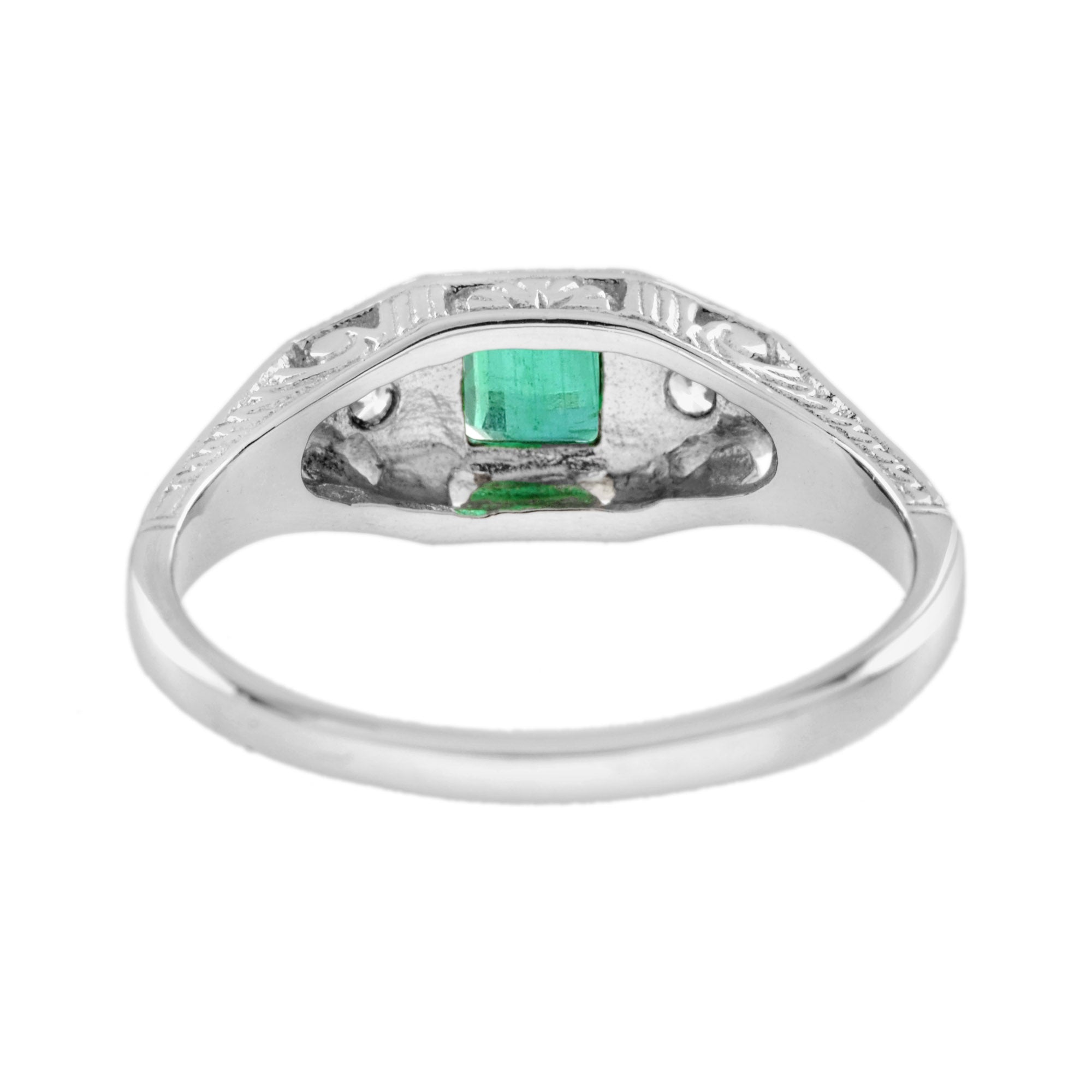 Square Emerald & Diamond Antique Style Three Stone 14K White Gold Ring