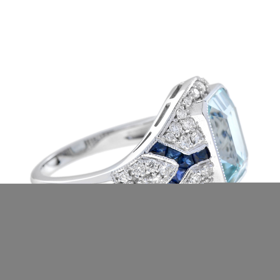 Blue Aquamarine Blue Sapphire Diamond Art Deco Style Engagement White Gold Ring