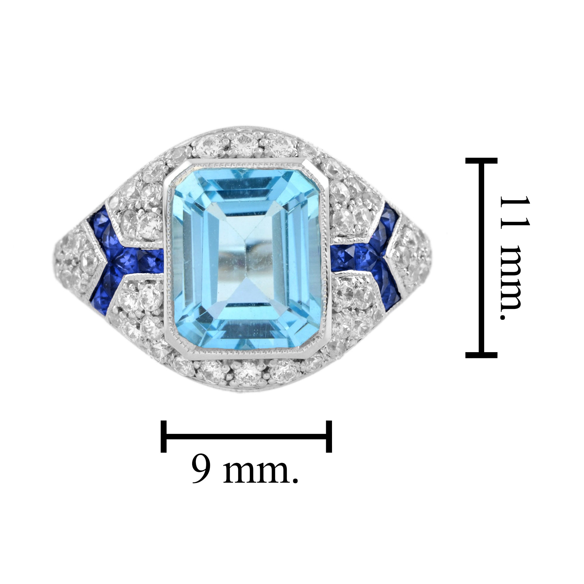 Octagon Cut Blue Topaz & Diamond Sapphire Art Deco Style 14K White Gold Ring