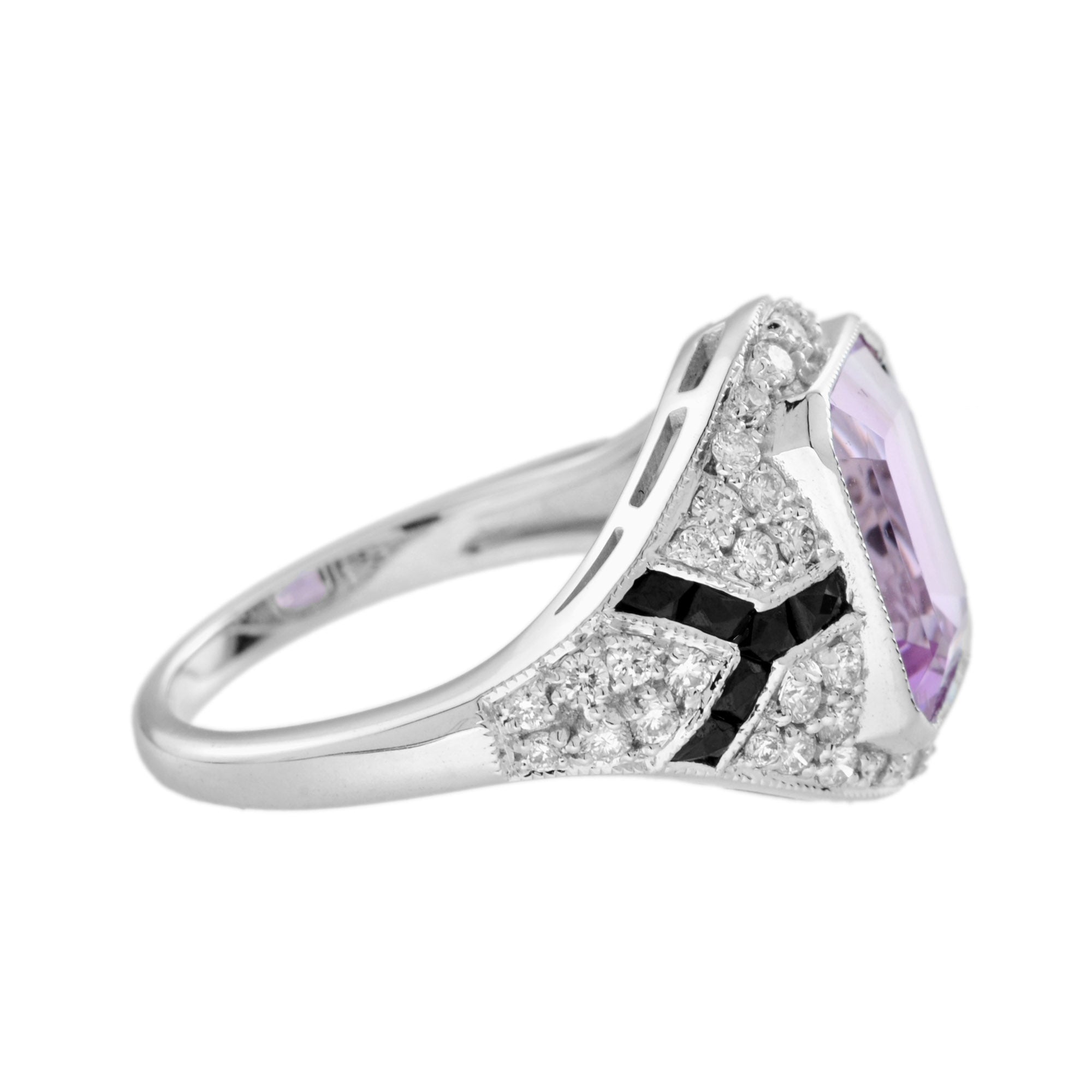 Octagon Pink Kunzite & Diamond Pave Set Onyx Art Deco Style White Gold Ring