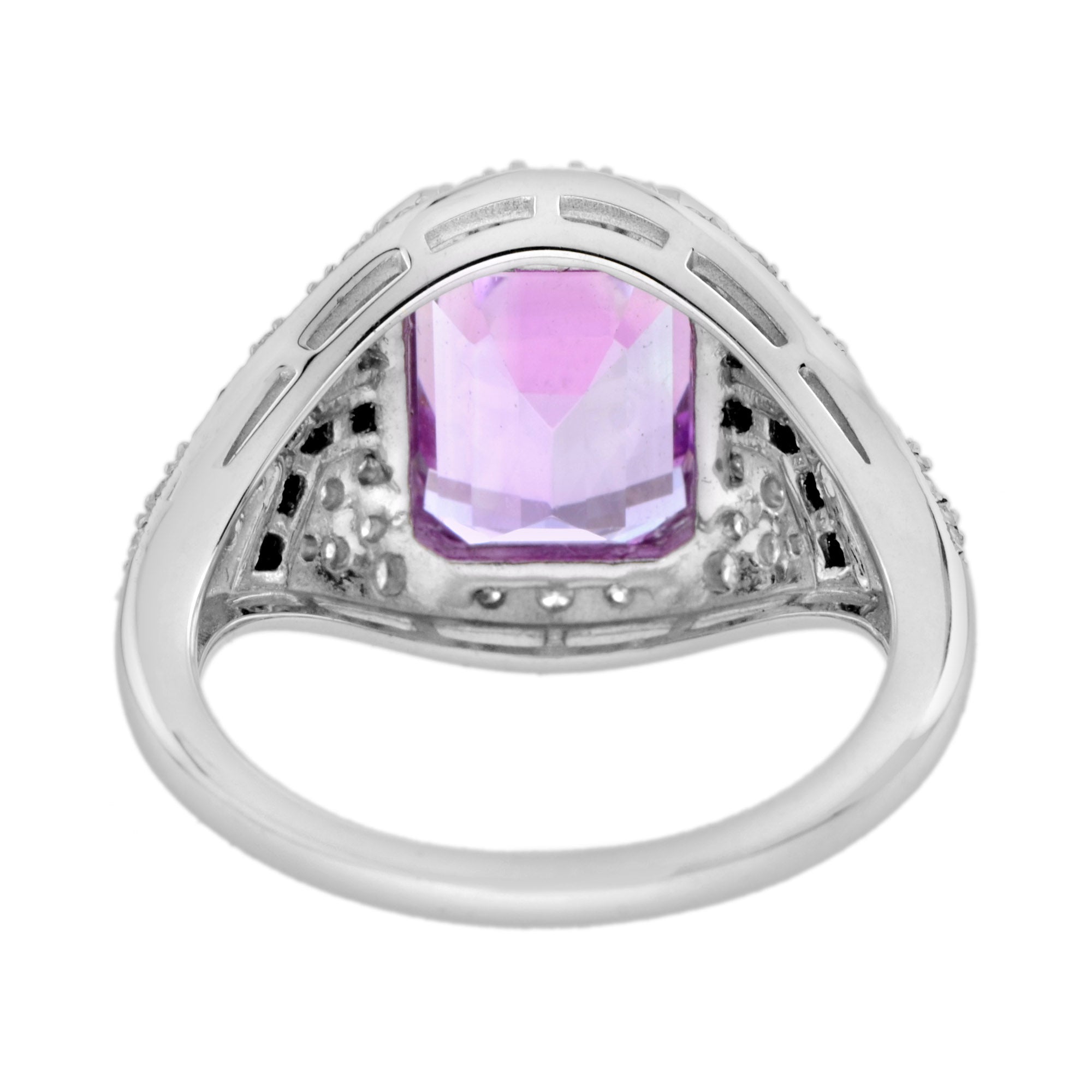 Octagon Pink Kunzite & Diamond Pave Set Onyx Art Deco Style White Gold Ring