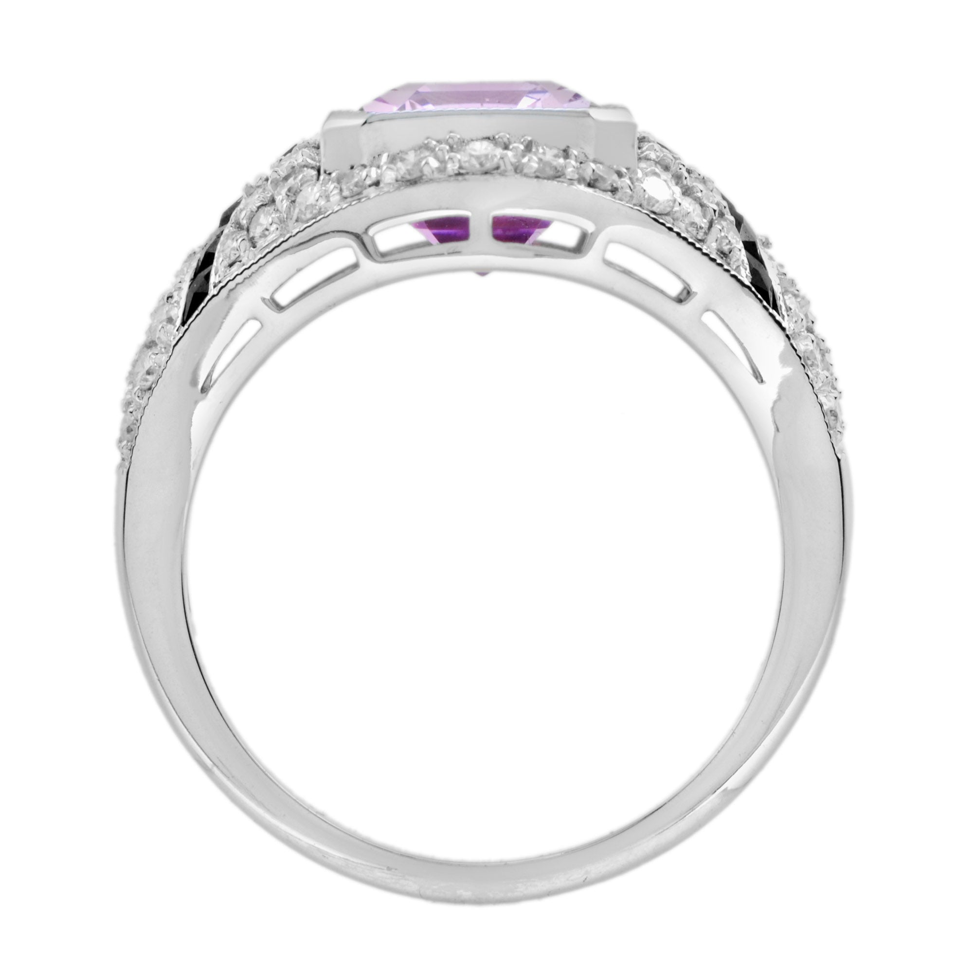 Octagon Pink Kunzite & Diamond Pave Set Onyx Art Deco Style White Gold Ring
