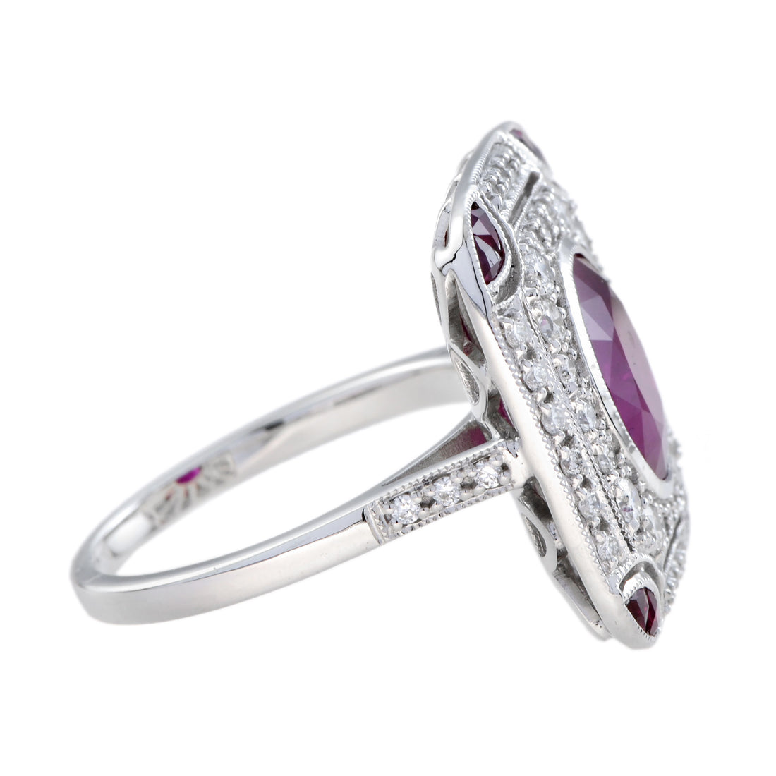 Burmese Oval Shape Ruby & Diamond Accent Art Deco Style 18K White Gold Ring