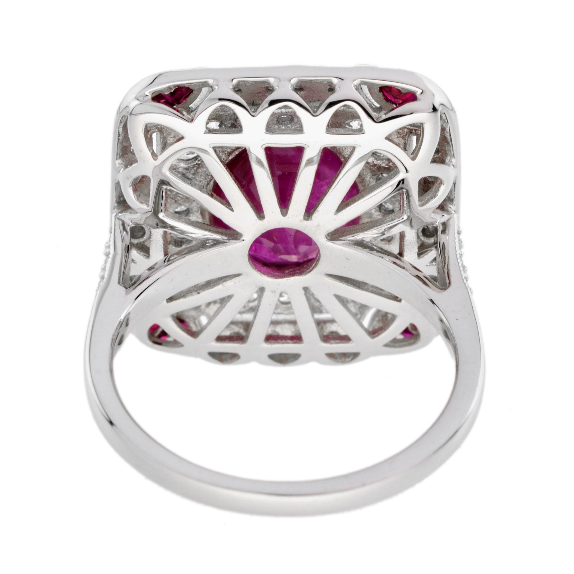 Burmese Oval Shape Ruby & Diamond Accent Art Deco Style 18K White Gold Ring