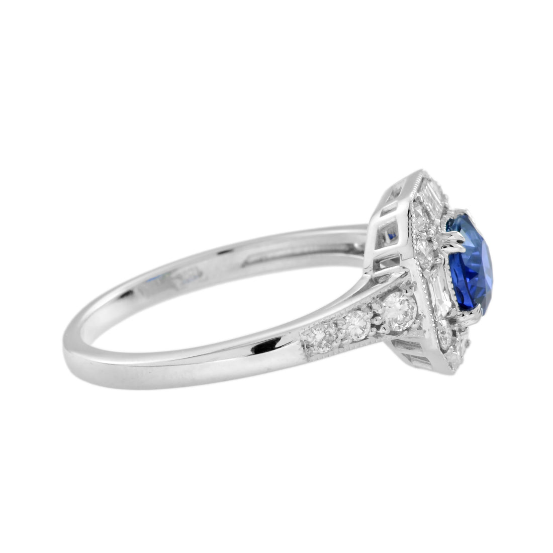 Ceylon Sapphire & Fancy Shape Diamond Antique Inspired Style 18K White Gold Ring