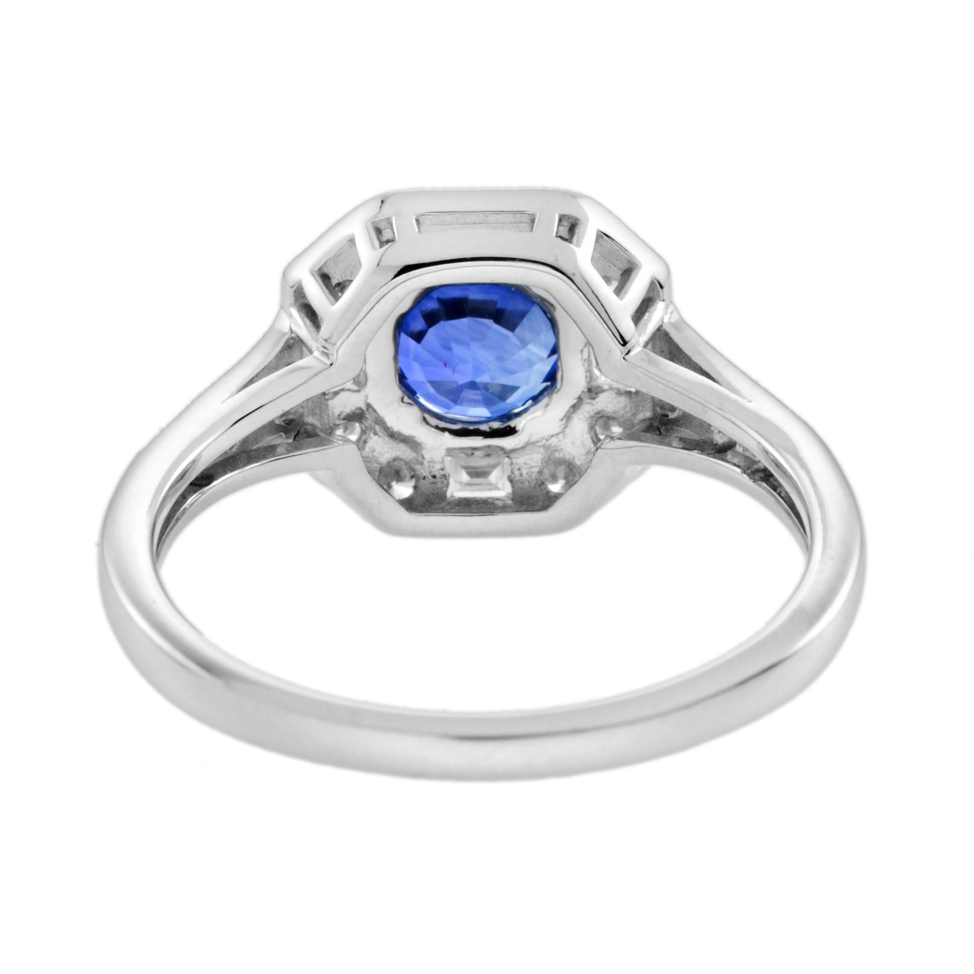 Ceylon Sapphire & Fancy Shape Diamond Antique Inspired Style 18K White Gold Ring