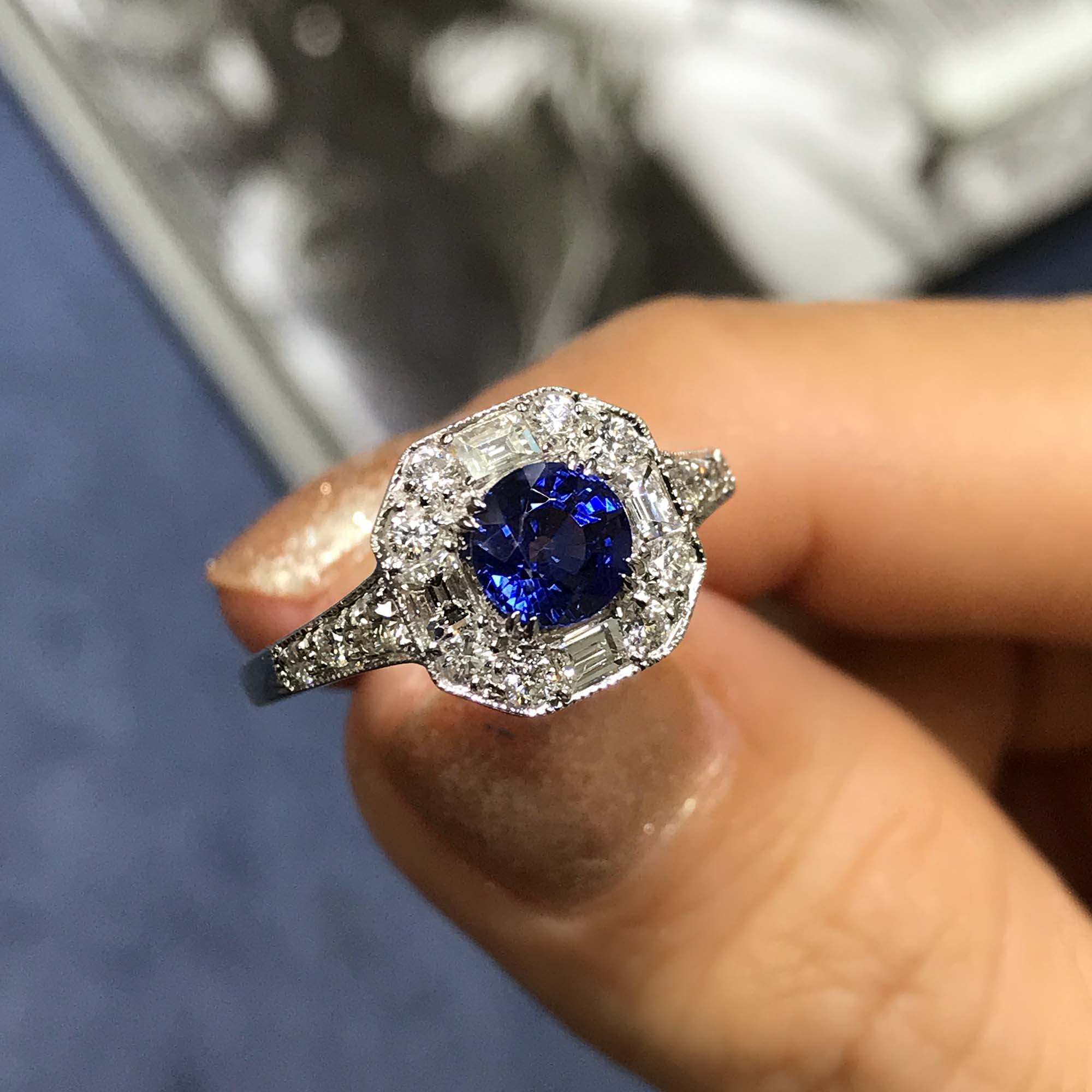 Ceylon Sapphire & Fancy Shape Diamond Antique Inspired Style 18K White Gold Ring