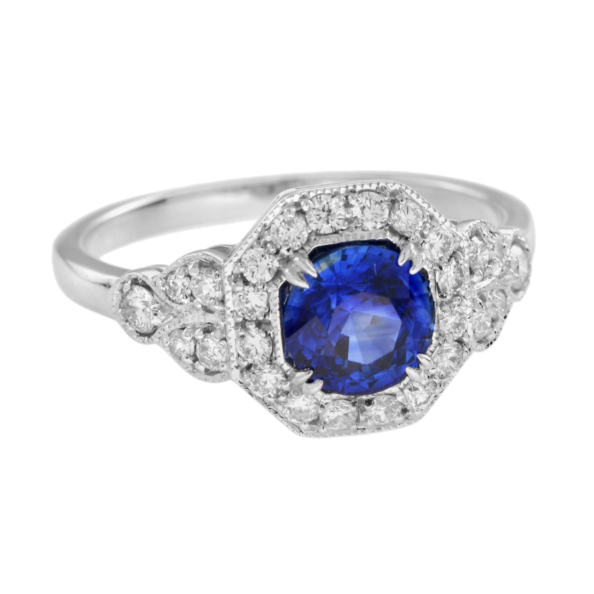 Ceylon Sapphire & Fancy Shape Diamond Antique Inspired Style 18K White Gold Ring