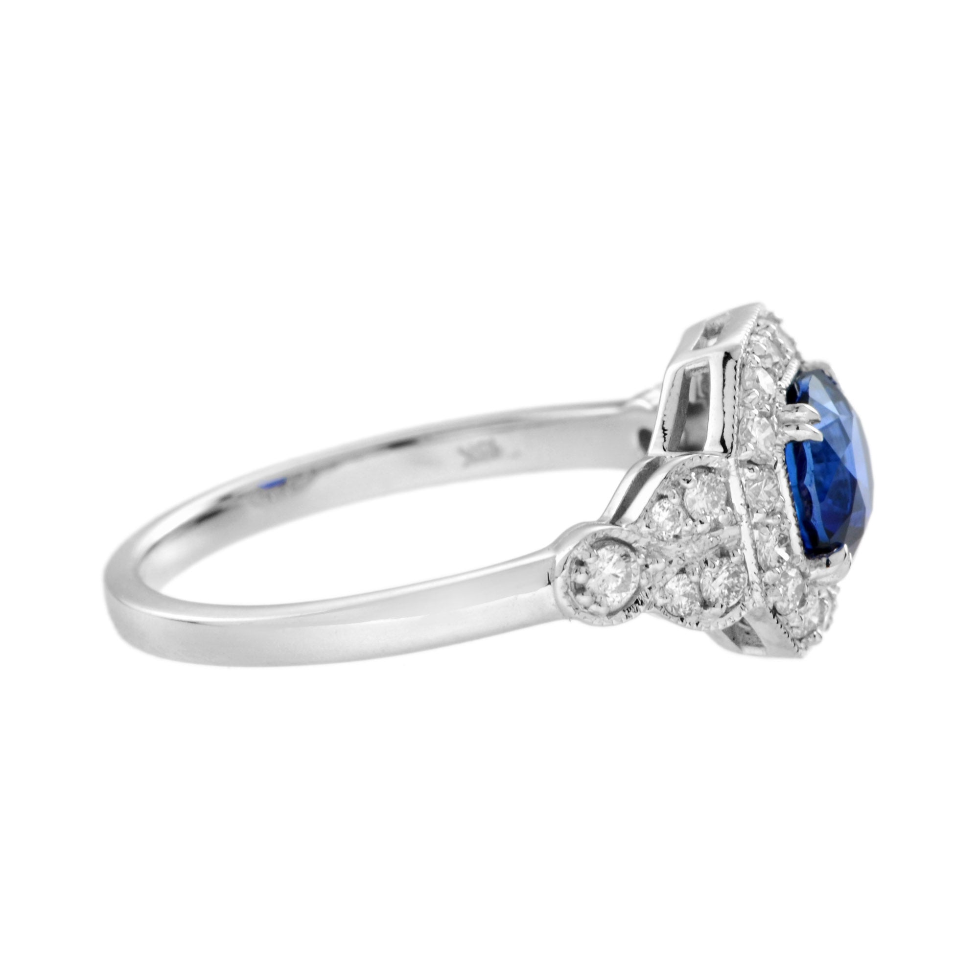 Ceylon Sapphire & Fancy Shape Diamond Antique Inspired Style 18K White Gold Ring