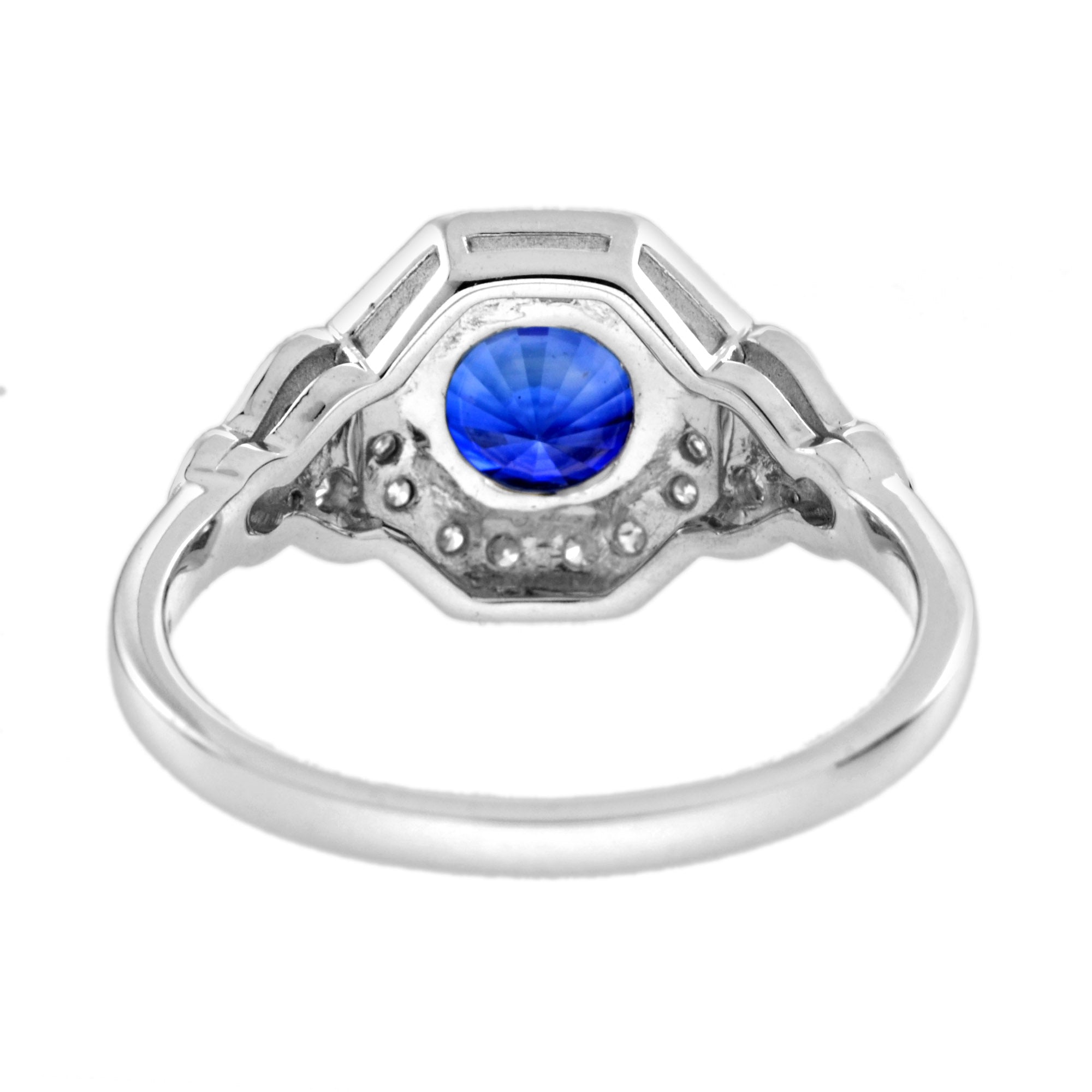 Ceylon Sapphire & Fancy Shape Diamond Antique Inspired Style 18K White Gold Ring