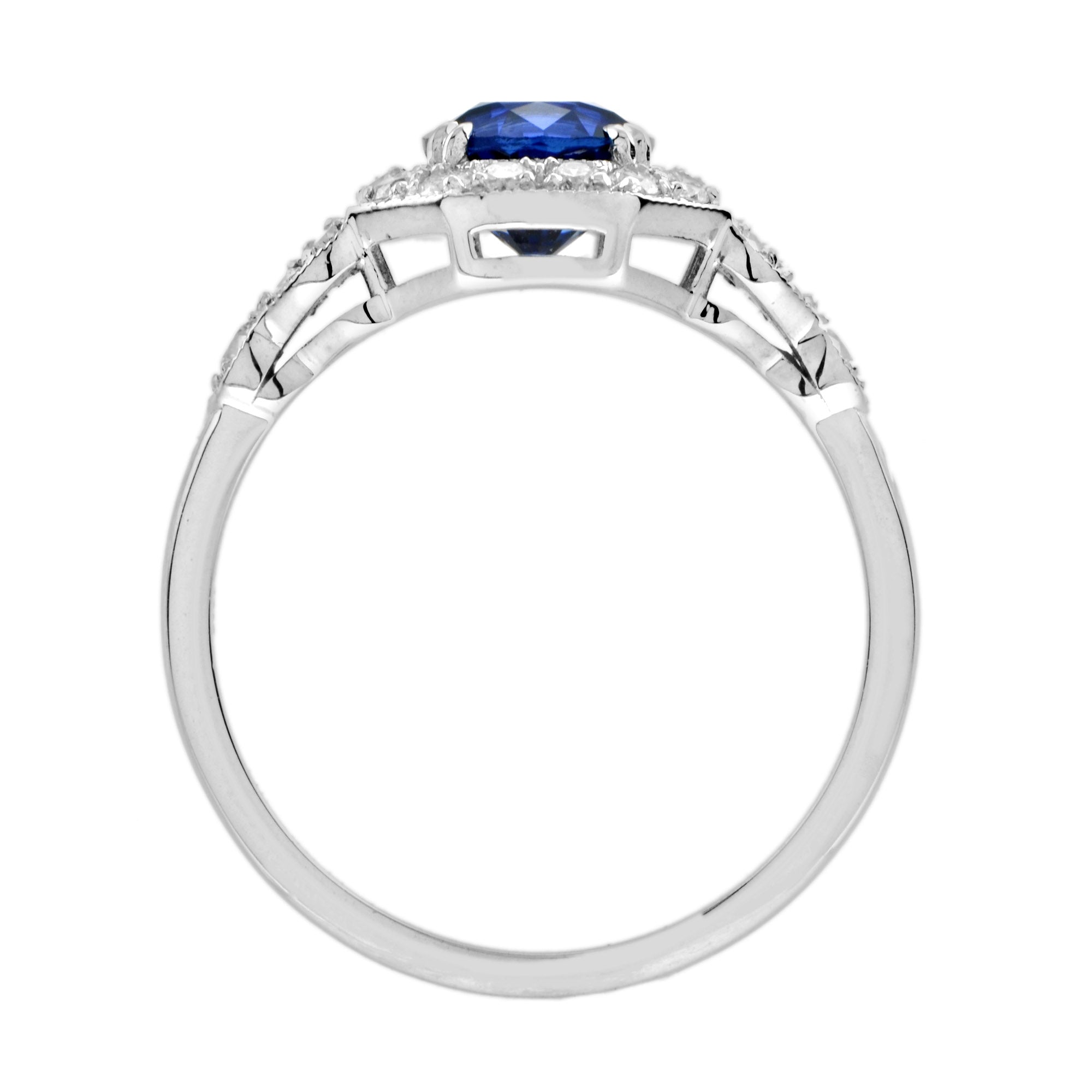 Ceylon Sapphire & Fancy Shape Diamond Antique Inspired Style 18K White Gold Ring