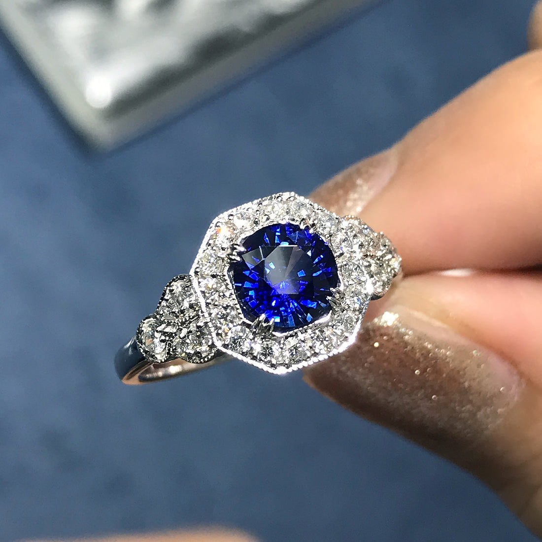 Ceylon Sapphire & Fancy Shape Diamond Antique Inspired Style 18K White Gold Ring