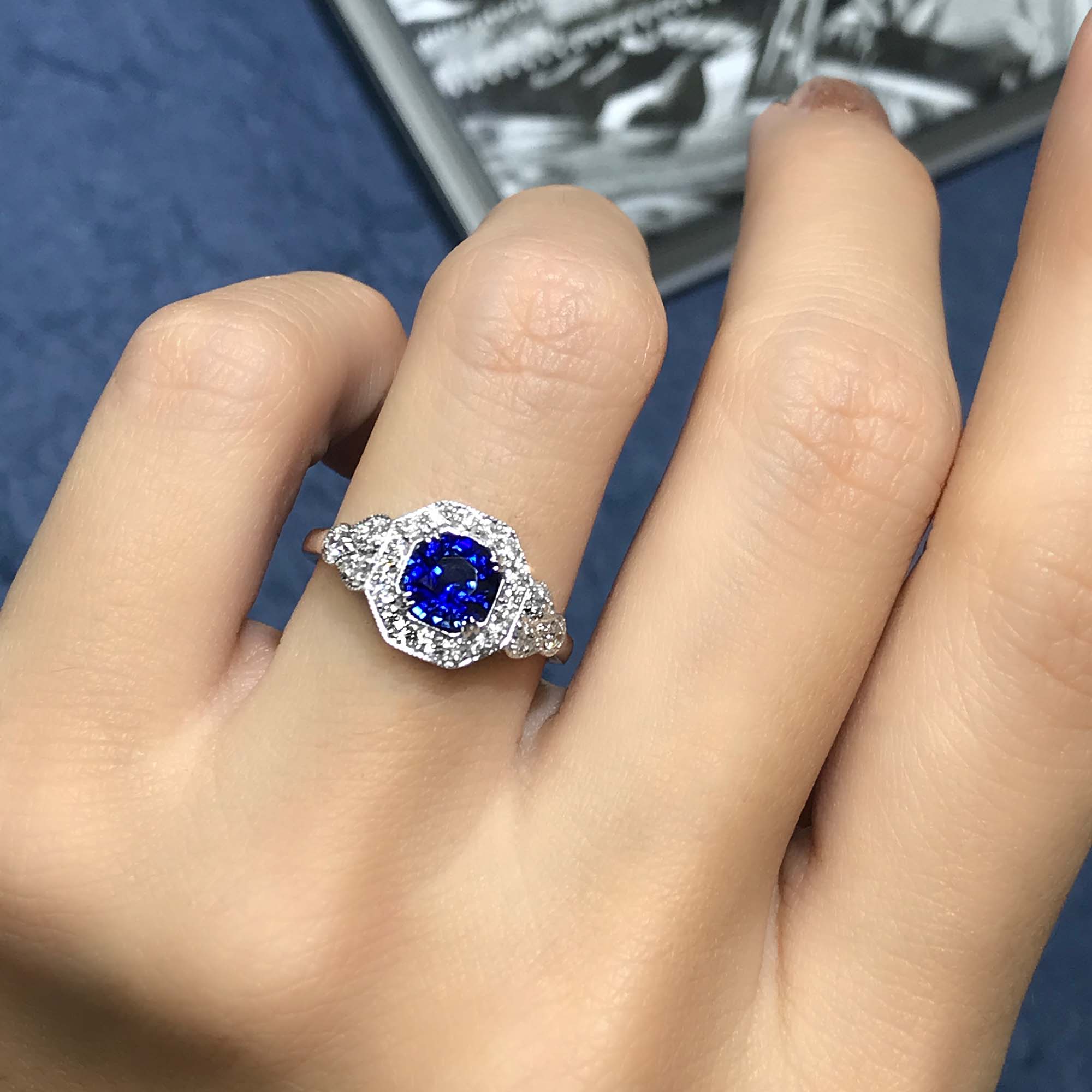Ceylon Sapphire & Fancy Shape Diamond Antique Inspired Style 18K White Gold Ring