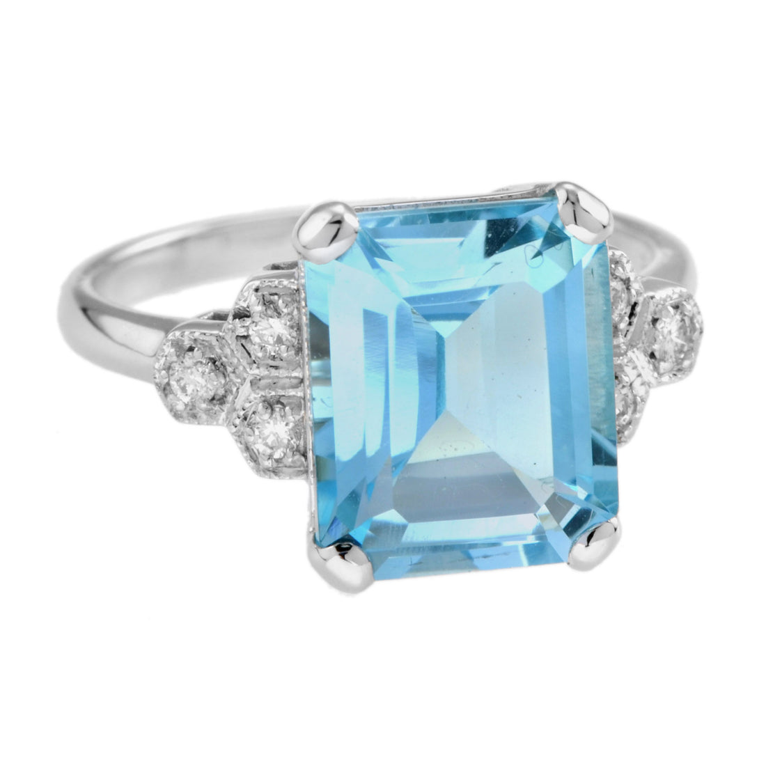 Emerald Cut Blue Topaz & Diamond Solitaire 9K White Gold Ring