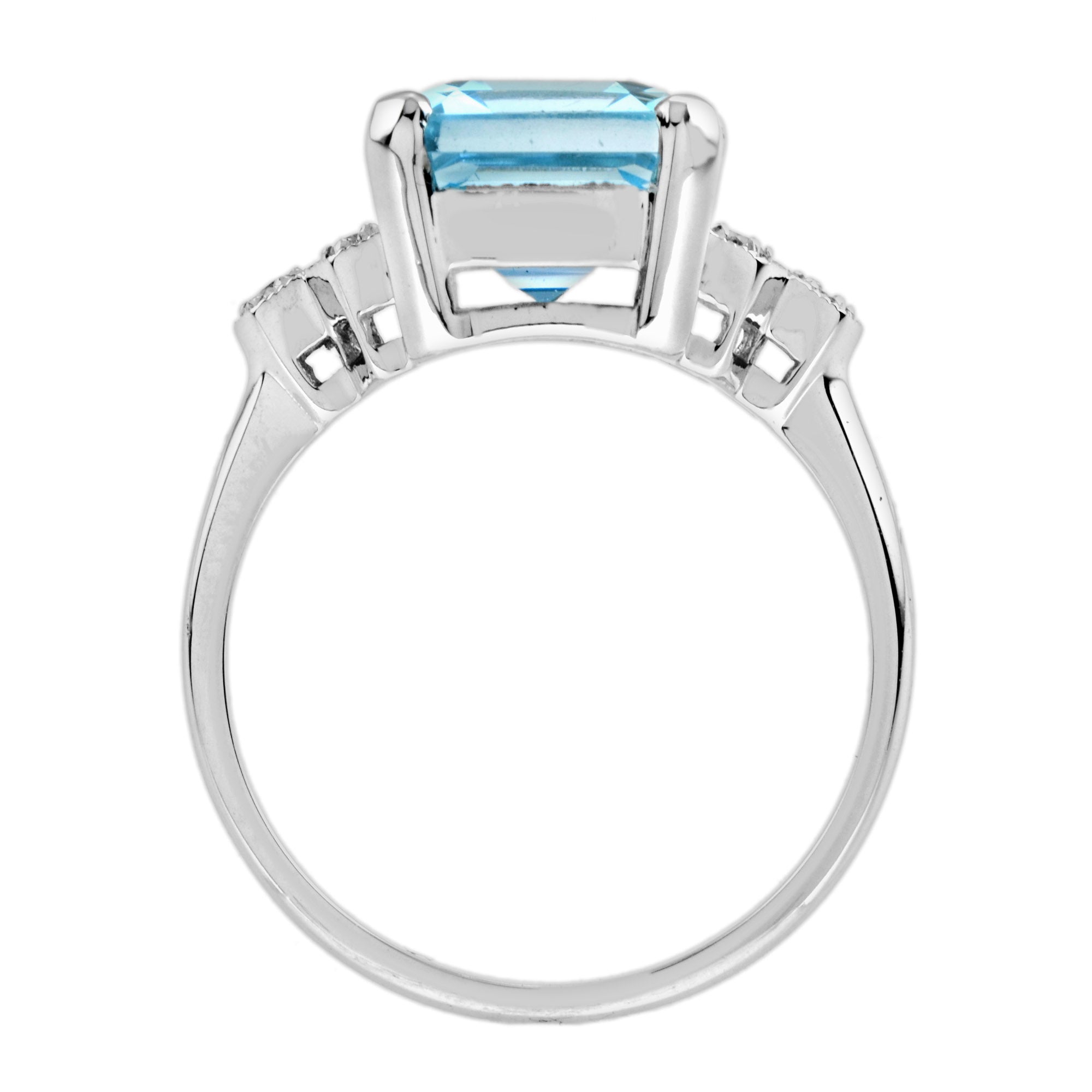 Emerald Cut Blue Topaz & Diamond Solitaire 9K White Gold Ring