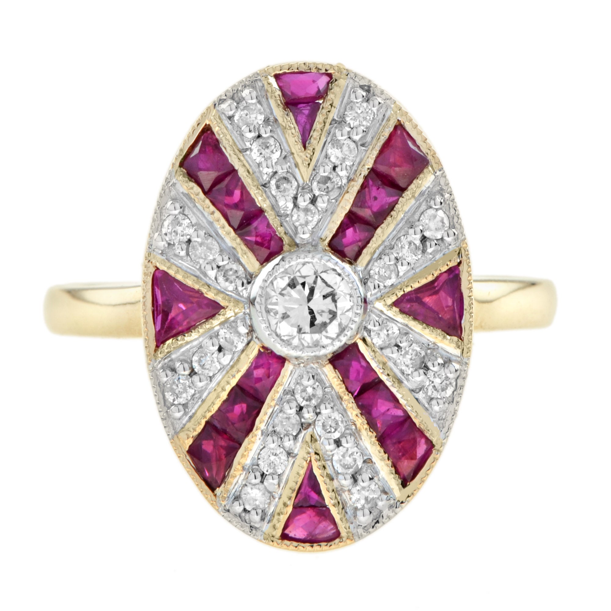 Diamond & Red Pink Ruby Oval Shaped Art Deco Style Mosaic Cocktail Gold Ring