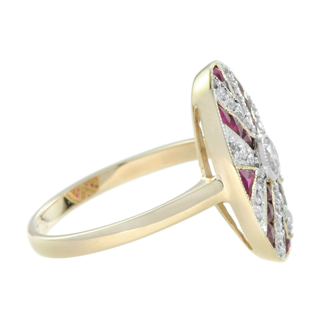 Diamond & Red Pink Ruby Oval Shaped Art Deco Style Mosaic Cocktail Gold Ring