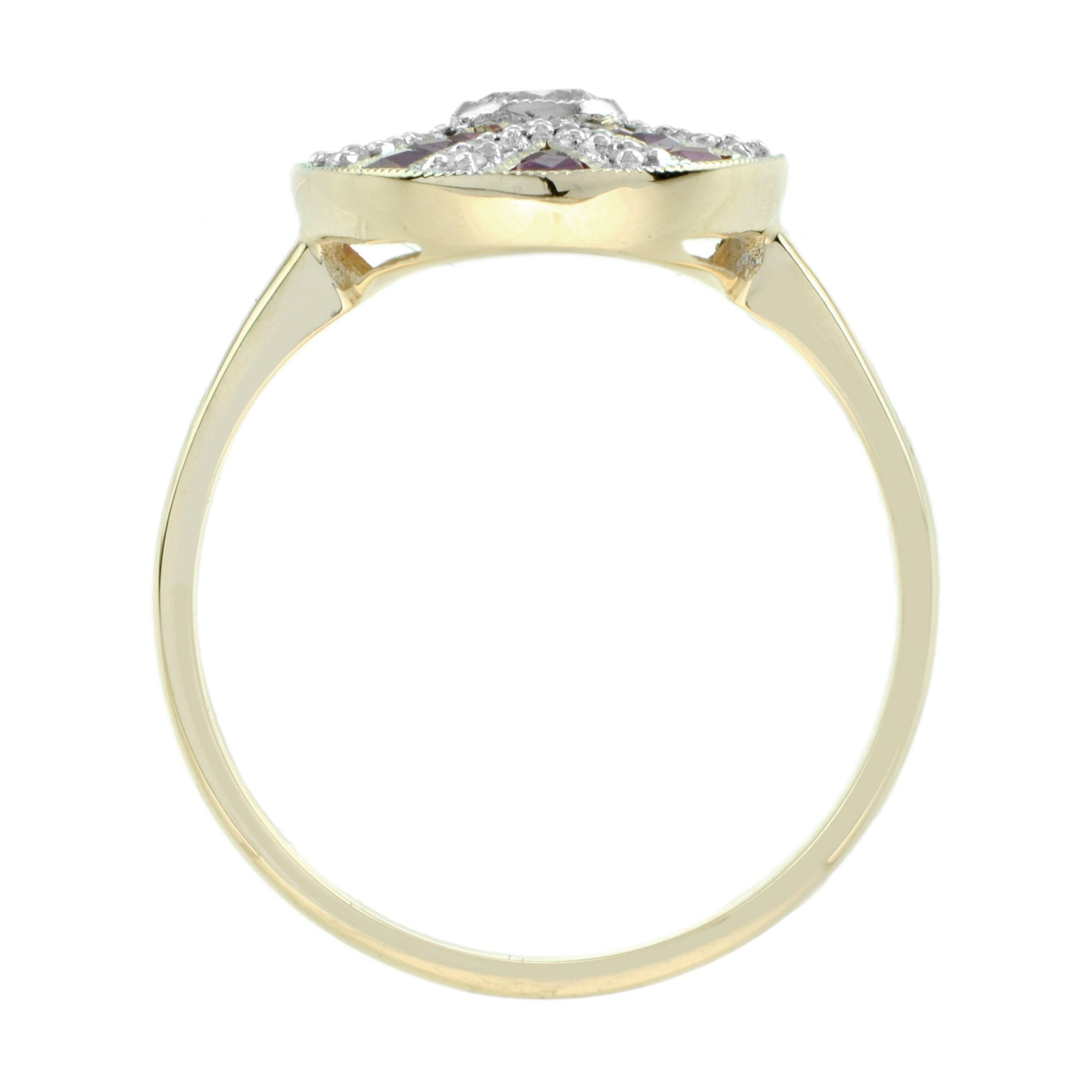Diamond & Red Pink Ruby Oval Shaped Art Deco Style Mosaic Cocktail Gold Ring