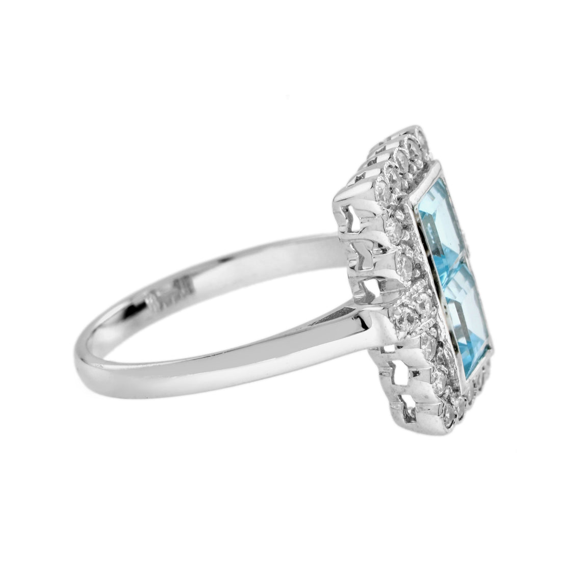 Vintage Style Double Princess Blue Topaz & Diamond Halo 14K White Gold Ring