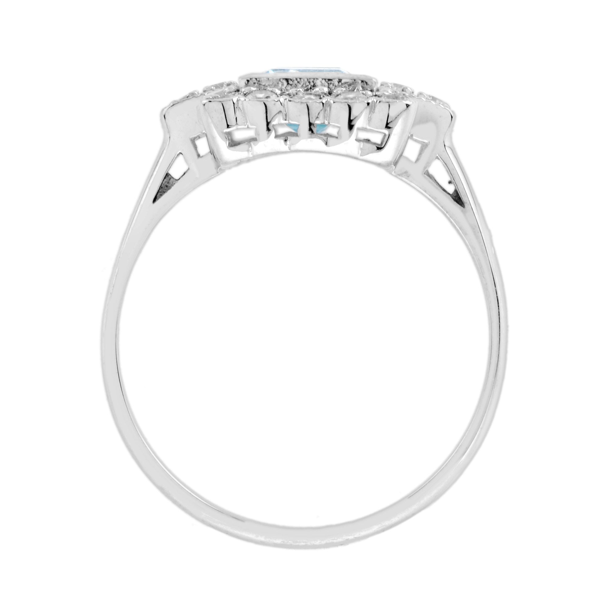 Vintage Style Double Princess Blue Topaz & Diamond Halo 14K White Gold Ring