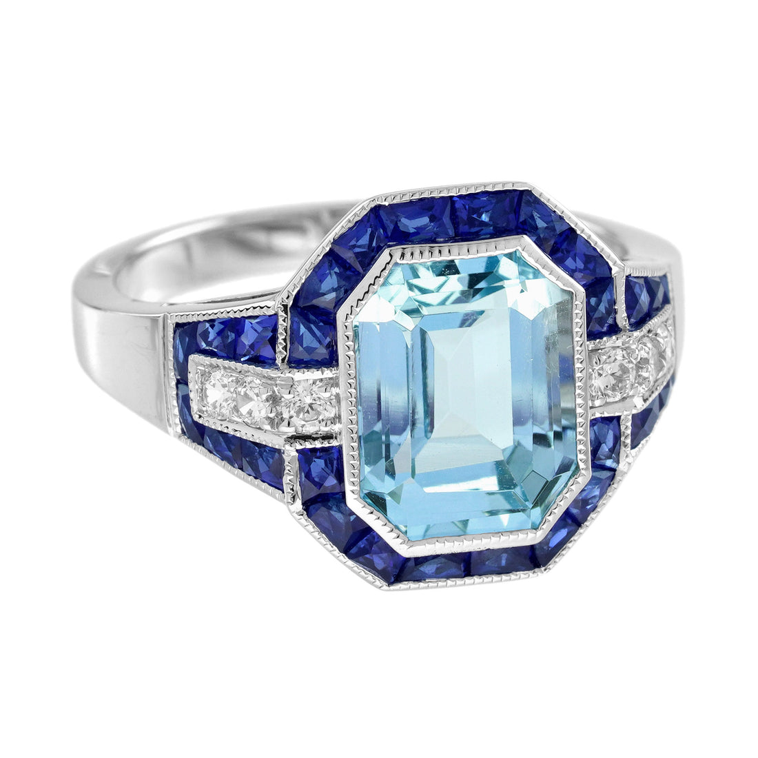 Emerald Cut Blue Topaz & Sapphire Diamond Halo Art Deco Style White Gold Ring