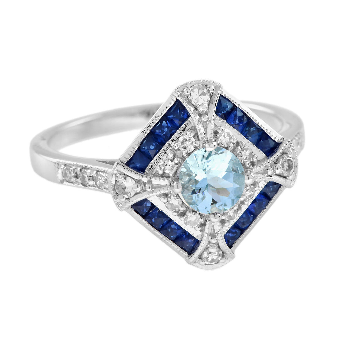 Blue Aquamarine & Blue Sapphire Diamond Halo Art Deco Style White Gold Ring