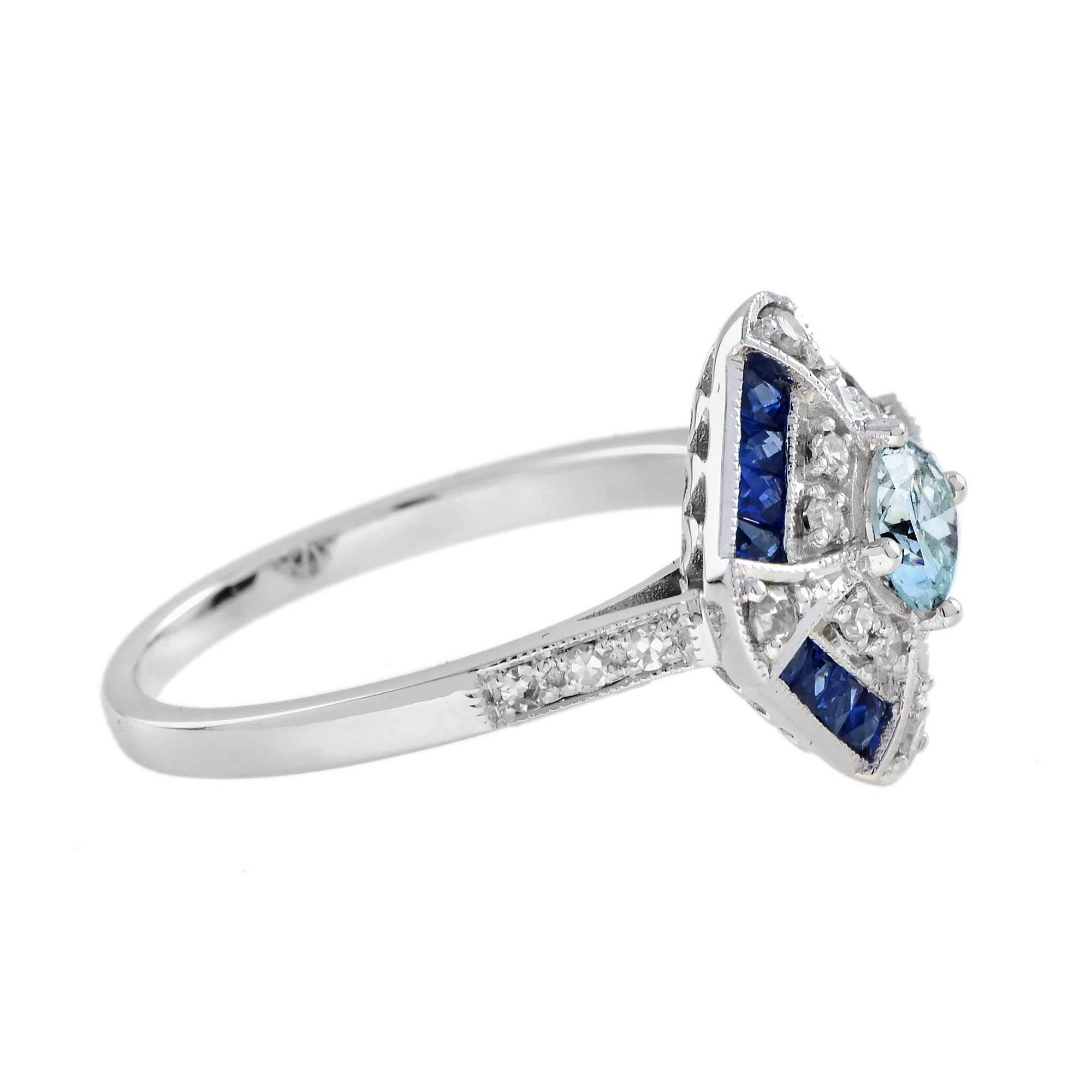 Blue Aquamarine & Blue Sapphire Diamond Halo Art Deco Style White Gold Ring
