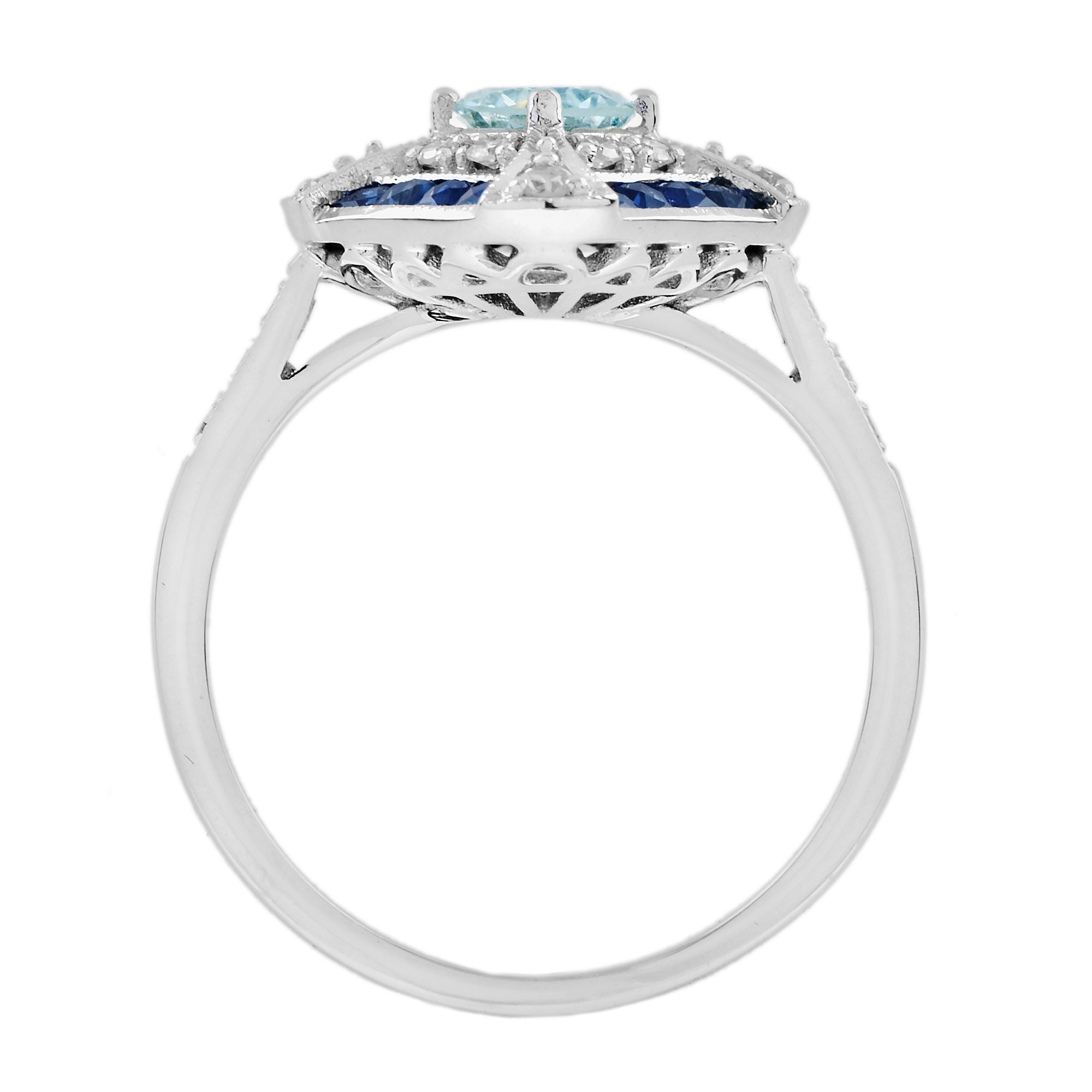 Blue Aquamarine & Blue Sapphire Diamond Halo Art Deco Style White Gold Ring