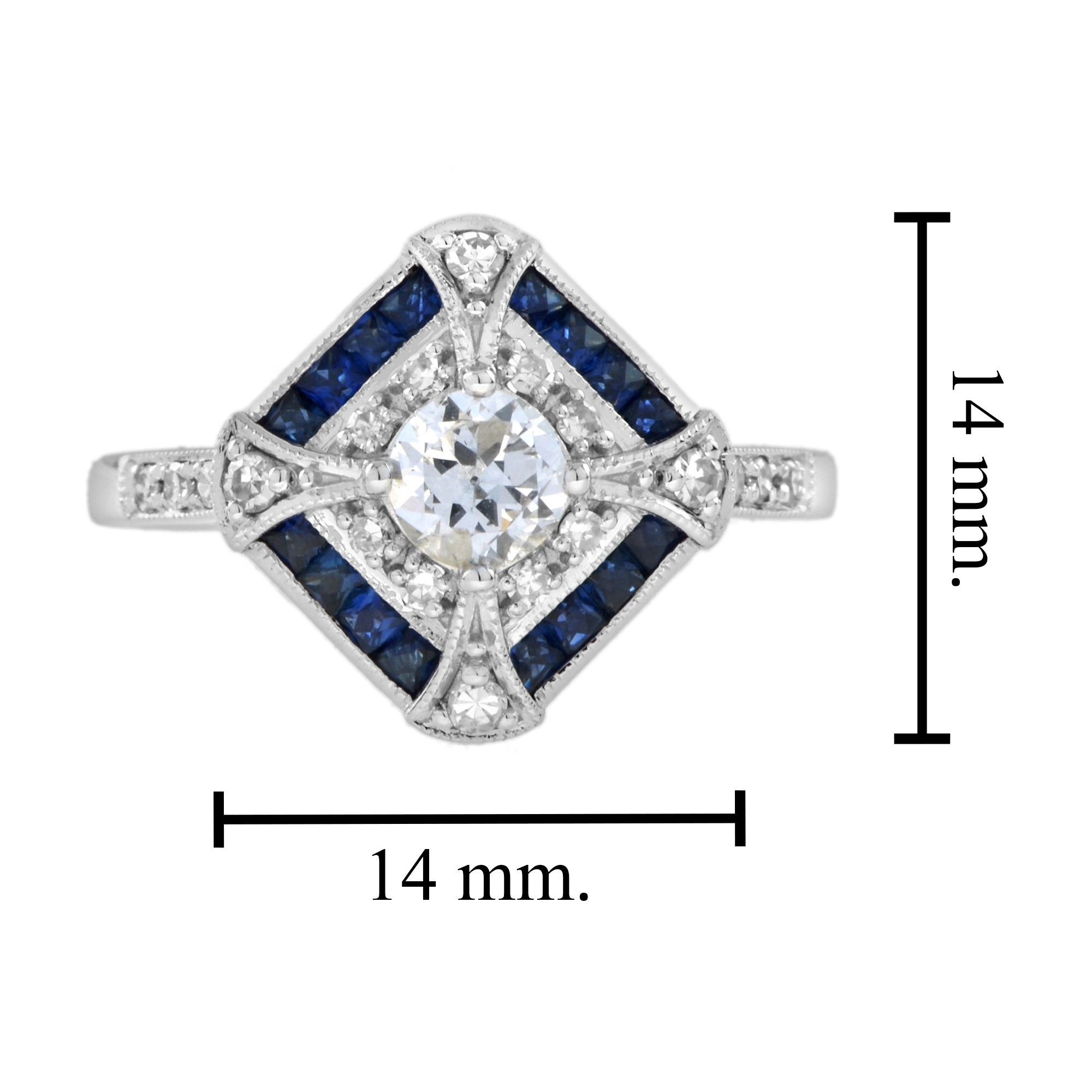 Old Cut Diamond & Halo Diamond Blue Sapphire Art Deco Style 18K White Gold Ring