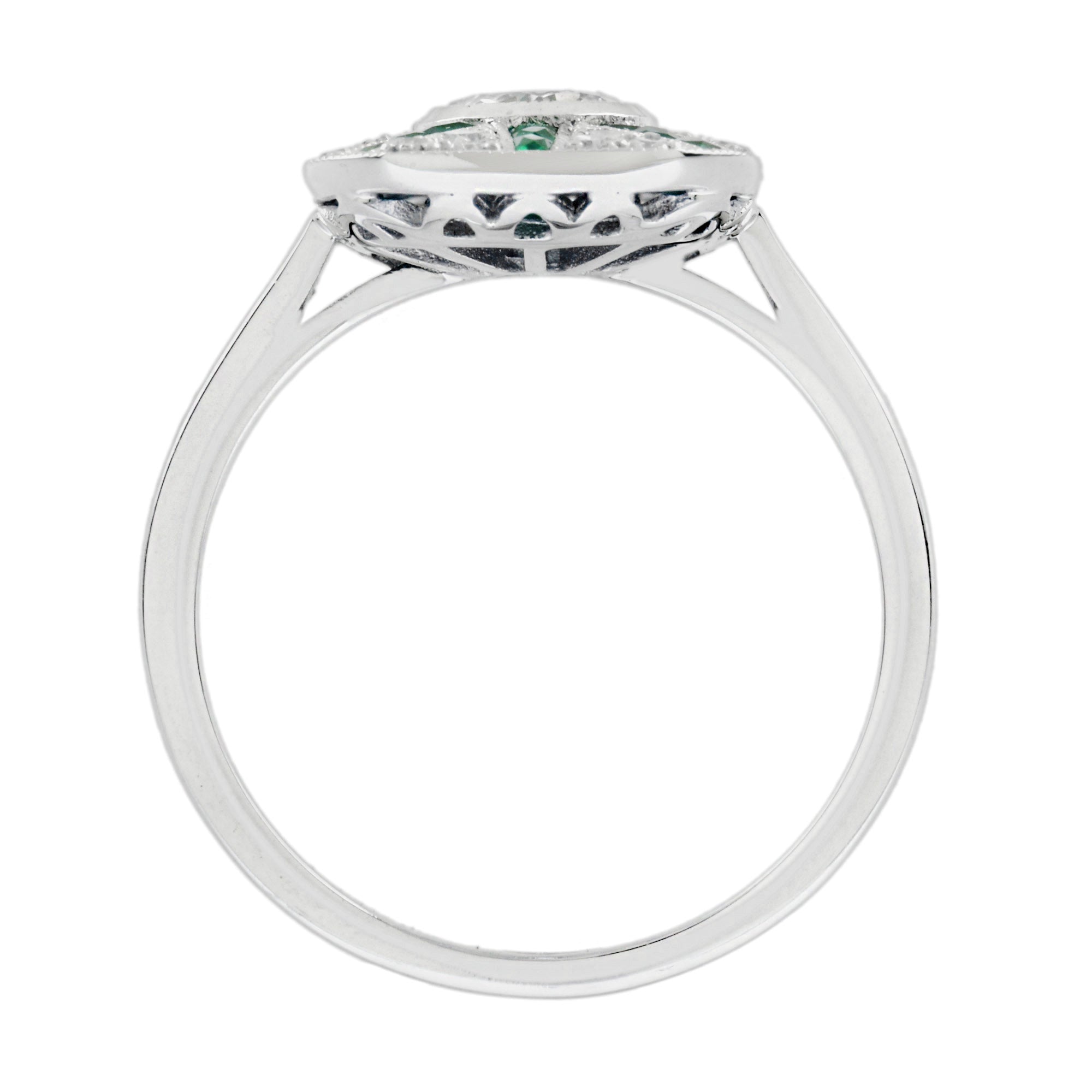 Diamond & Emerald Art Deco Style Halo Sunburst 14K White Gold Ring